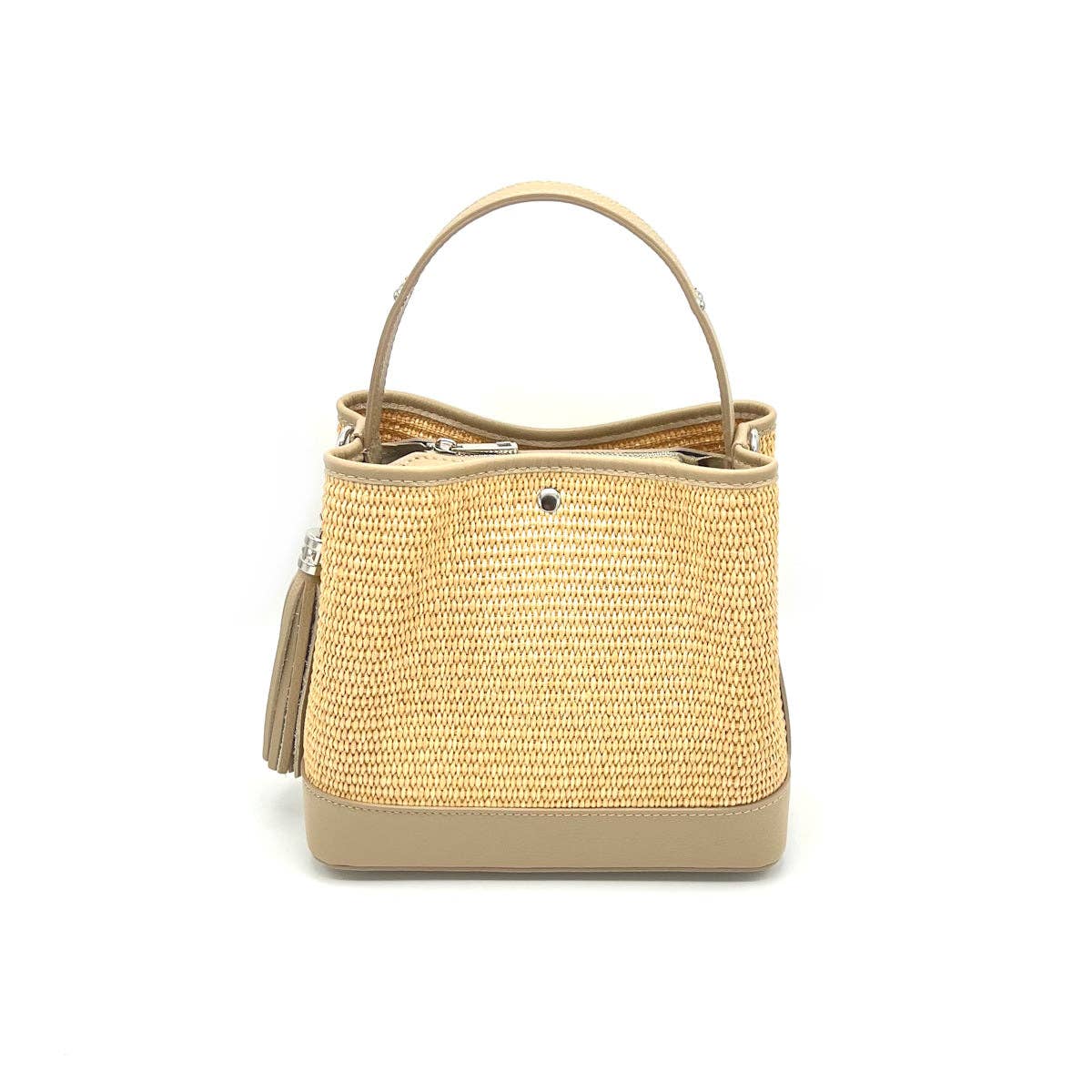 Bucket Bag Damen Tasche Raffia Leder Sommer Italien Vintage Look Natur Elegant