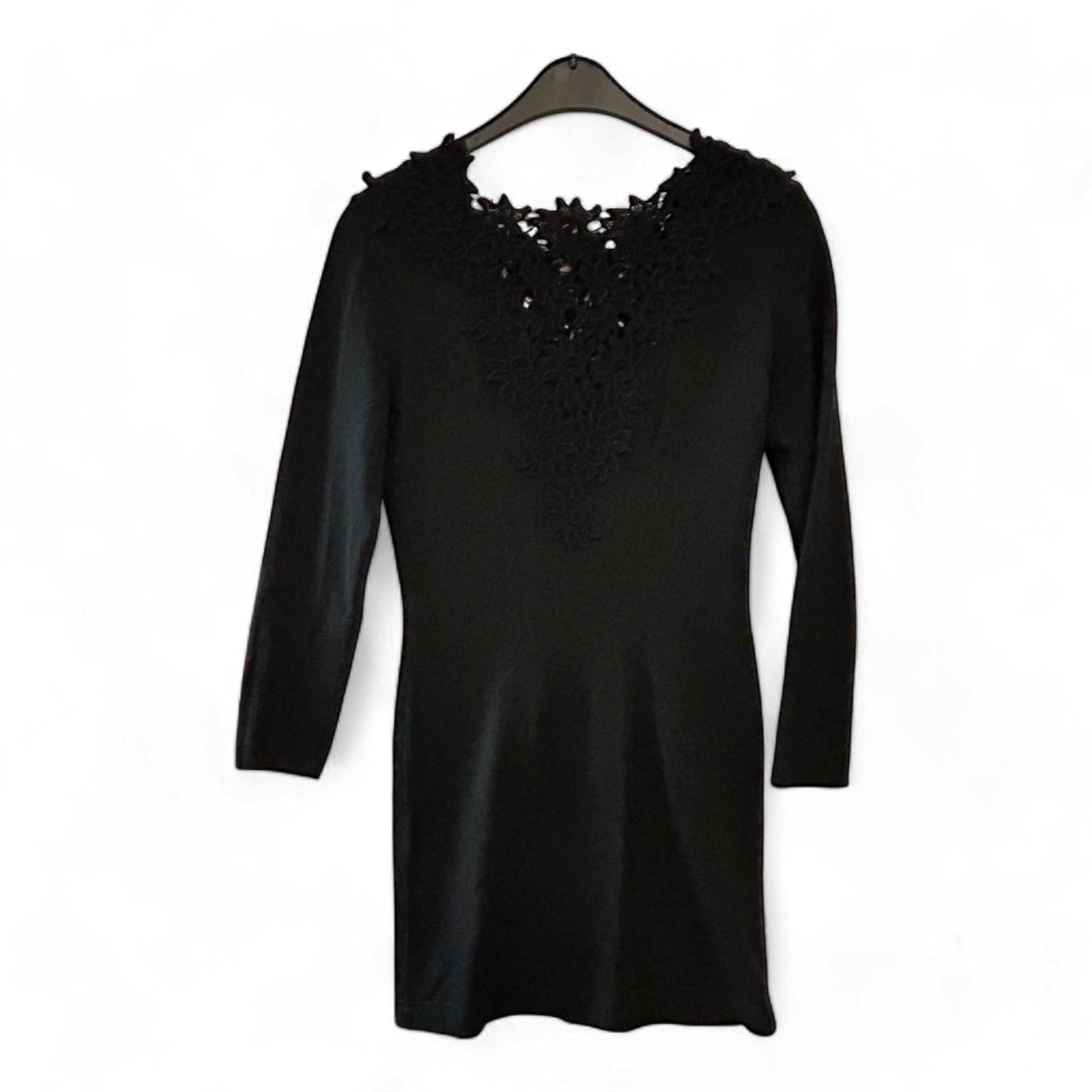 Wollkleid Damen Dress Damenkleid Gr. 44 Schwarz Spitzeneinsatz Elegant Winter