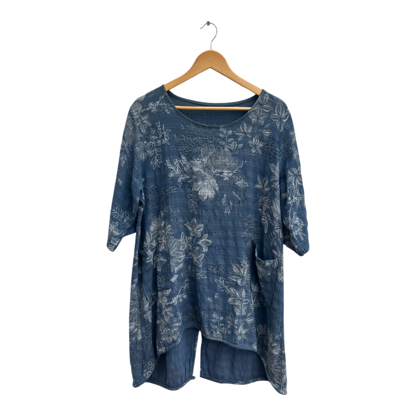 Made in Italy Tunika Kleid Gr 44 Blau Weiß Baumwolle Floral Sommer Oversize Look