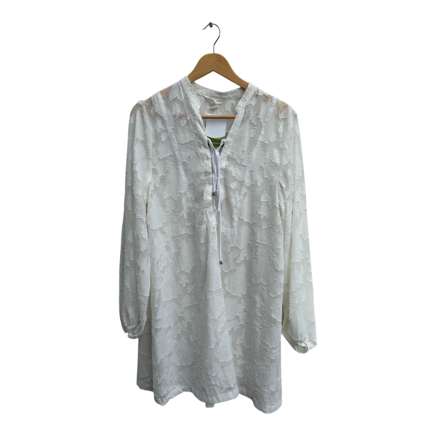 H&M Bluse Damen Tunika Gr 46 Weiß Transparent Struktur Langarm V-Ausschnitt Elegant