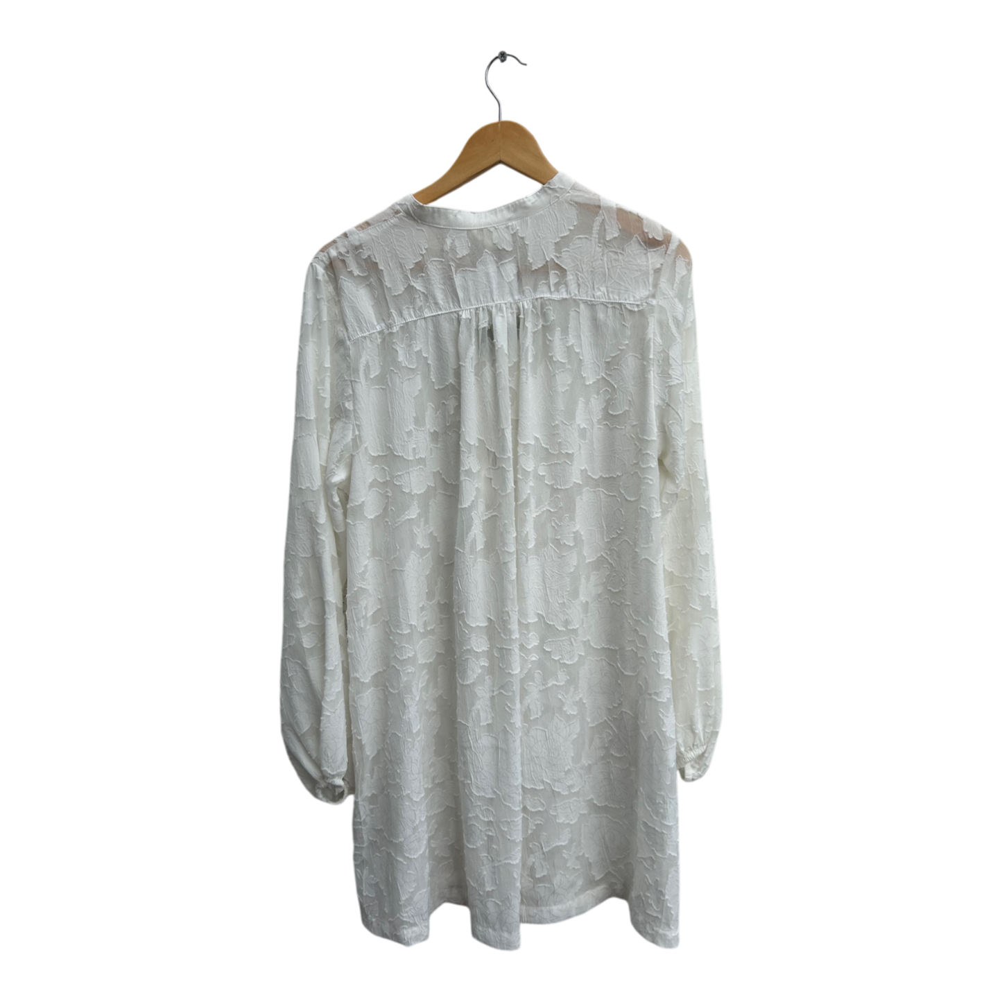 H&M Bluse Damen Tunika Gr 46 Weiß Transparent Struktur Langarm V-Ausschnitt Elegant