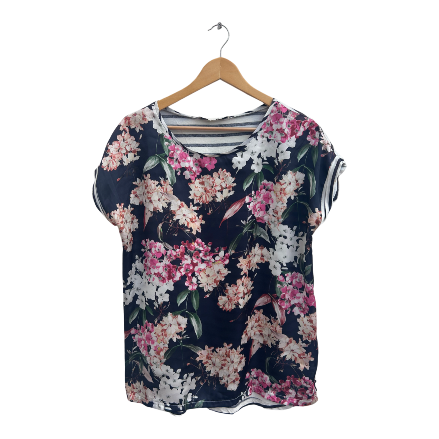 Oui Damen Shirt Gr 38 Navy Blumenmuster Baumwolle Polyester Kurzarm Sommer Top