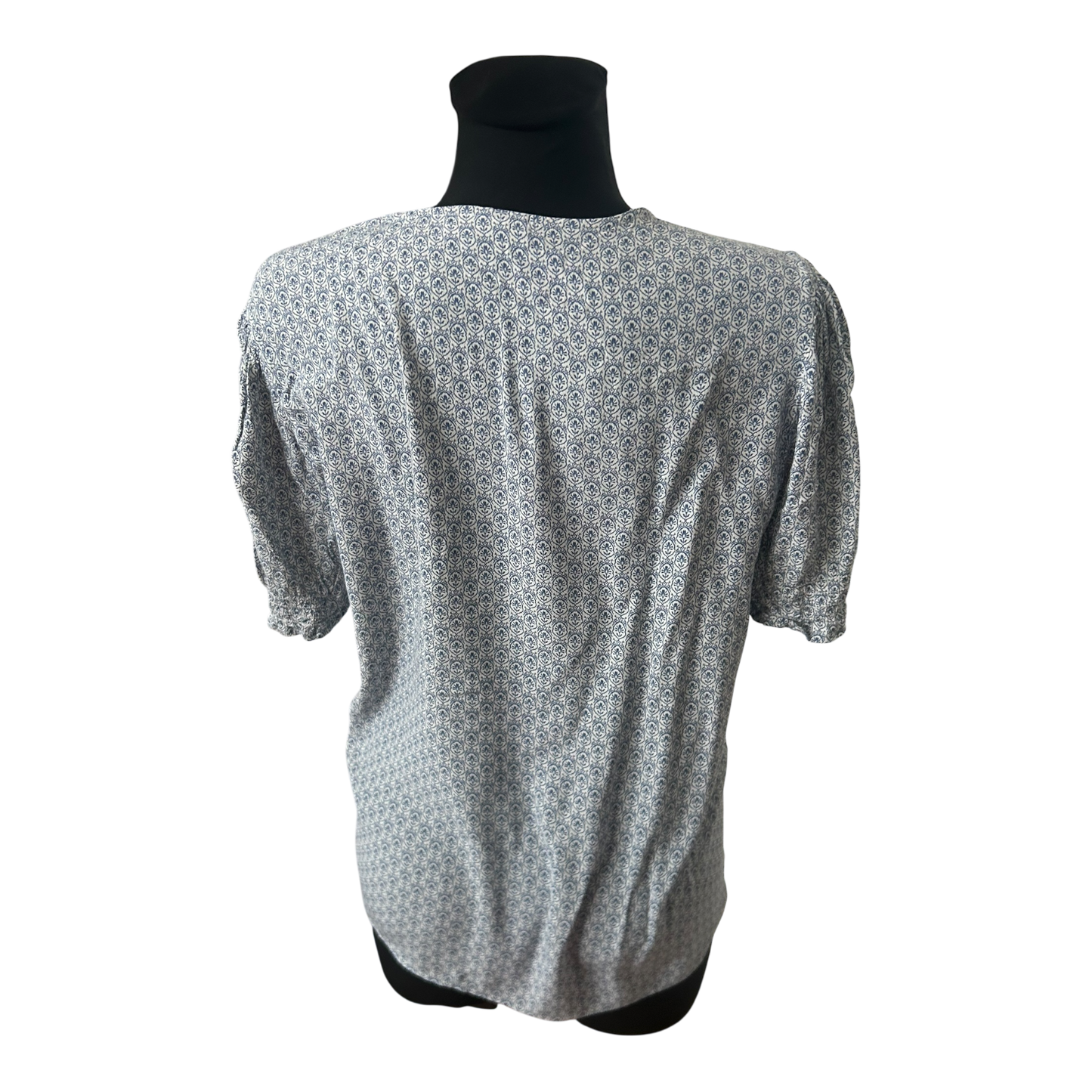 Yessica Damen Bluse Größe 42 Blau Weiß Muster Kurzarm Sommer Viskose Casual