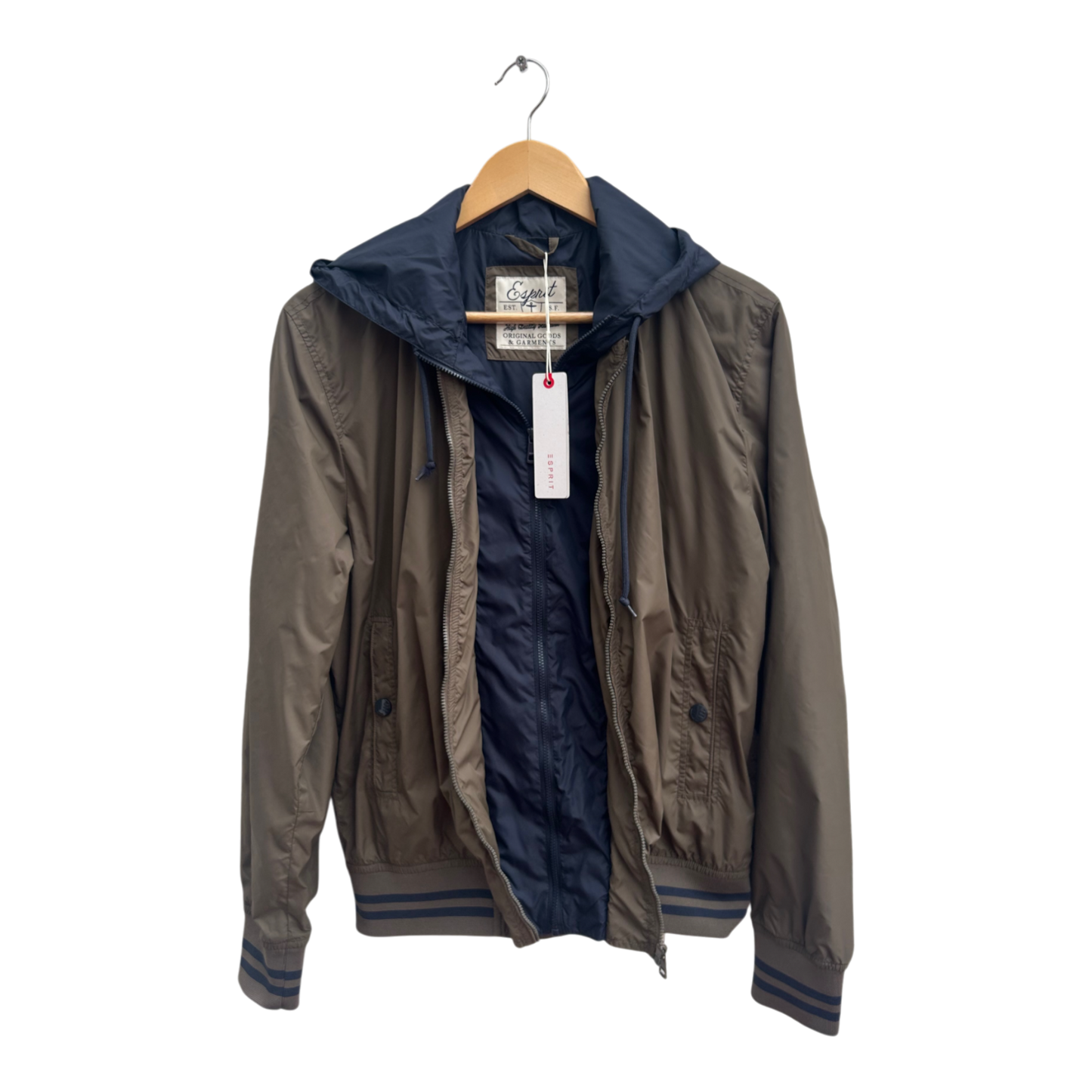Esprit Jacke Herren M Windbreaker Neu Khaki Blau Kapuze Freizeitjacke Übergangszeit