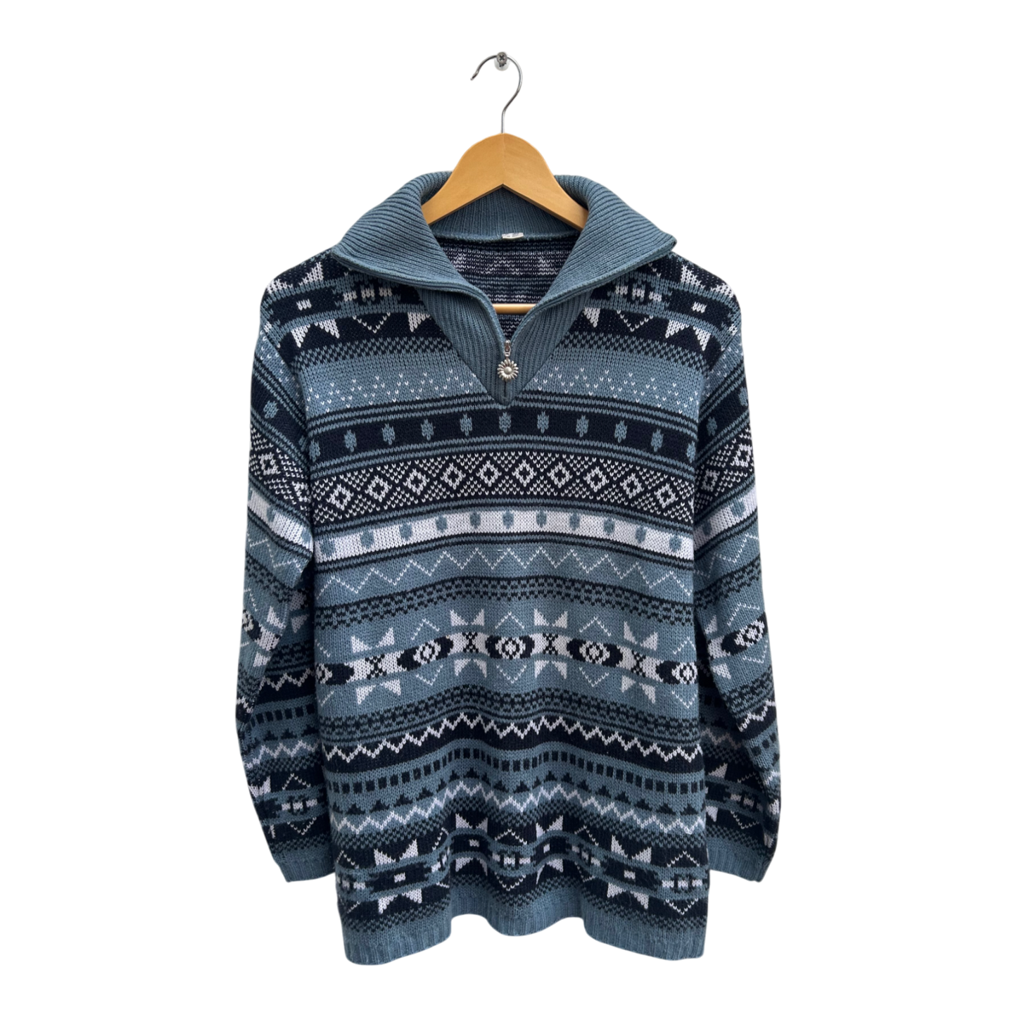Pullover Damen Gr 40 Blau Norweger Muster Langarm Winter Strick Retro Vintage Style