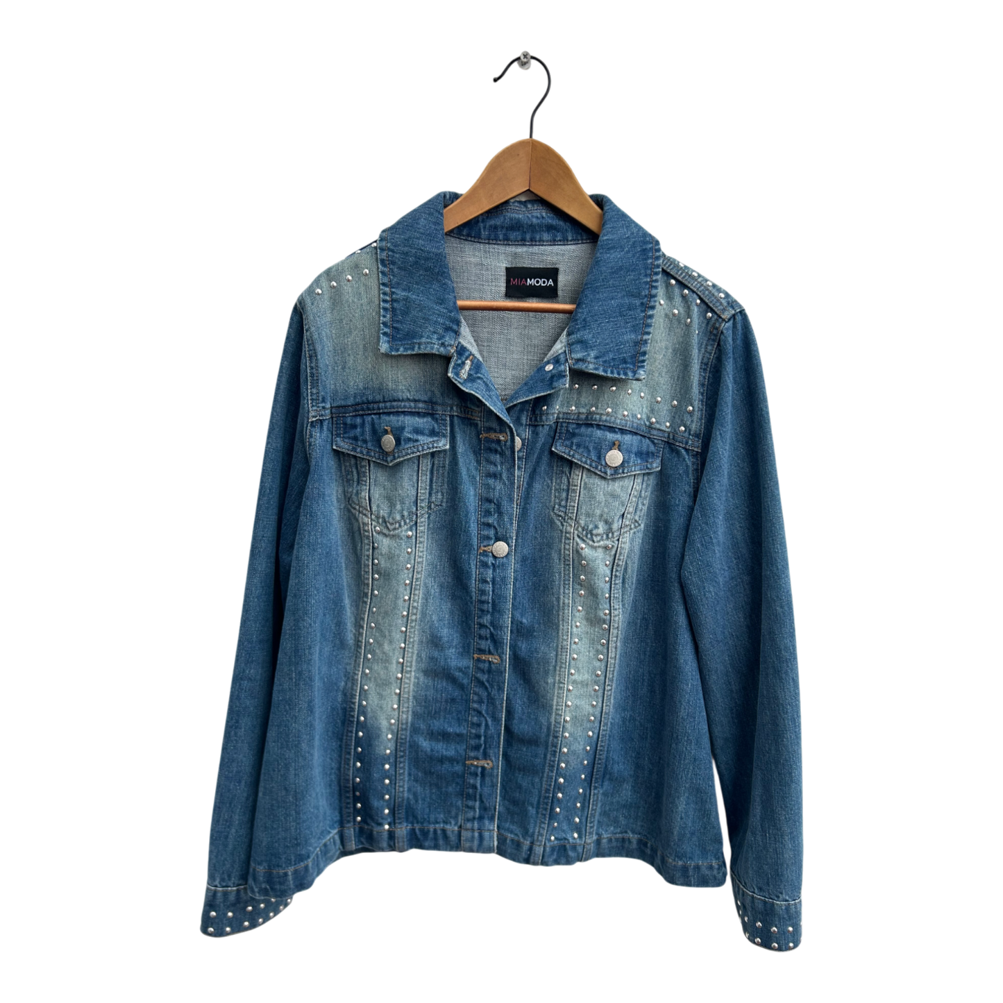 Mia Moda Jeansjacke Damen Gr 50 Blau Nieten Denimjacke Übergangsjacke Casual