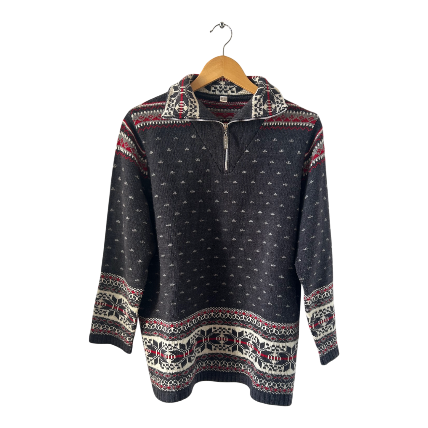 Pullover Damen Gr 44 Grau Norweger Muster Langarm Strick Winter Retro Skandi Style