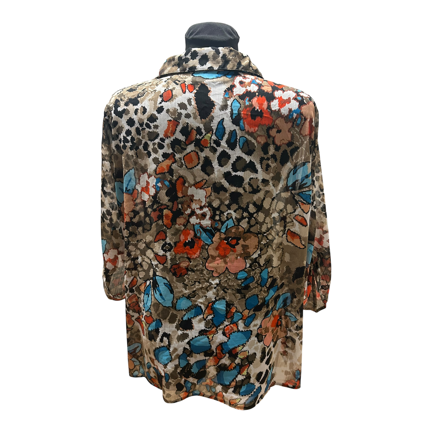 C&A Bluse Damen Gr 50 Braun Blau Rot Muster 3/4 Arm Transparent Elegant