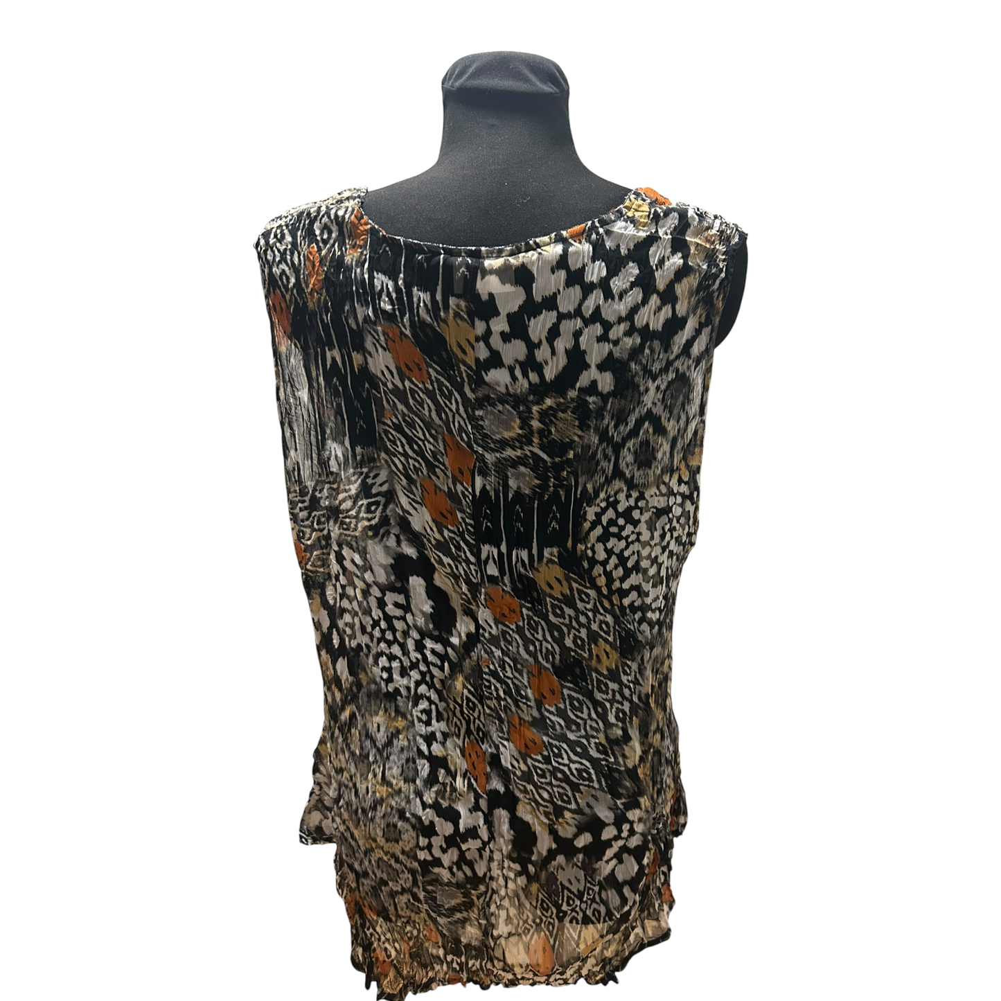 C&A Bluse Damen Gr 46 Braun Schwarz Muster Ärmellos Leicht Transparent