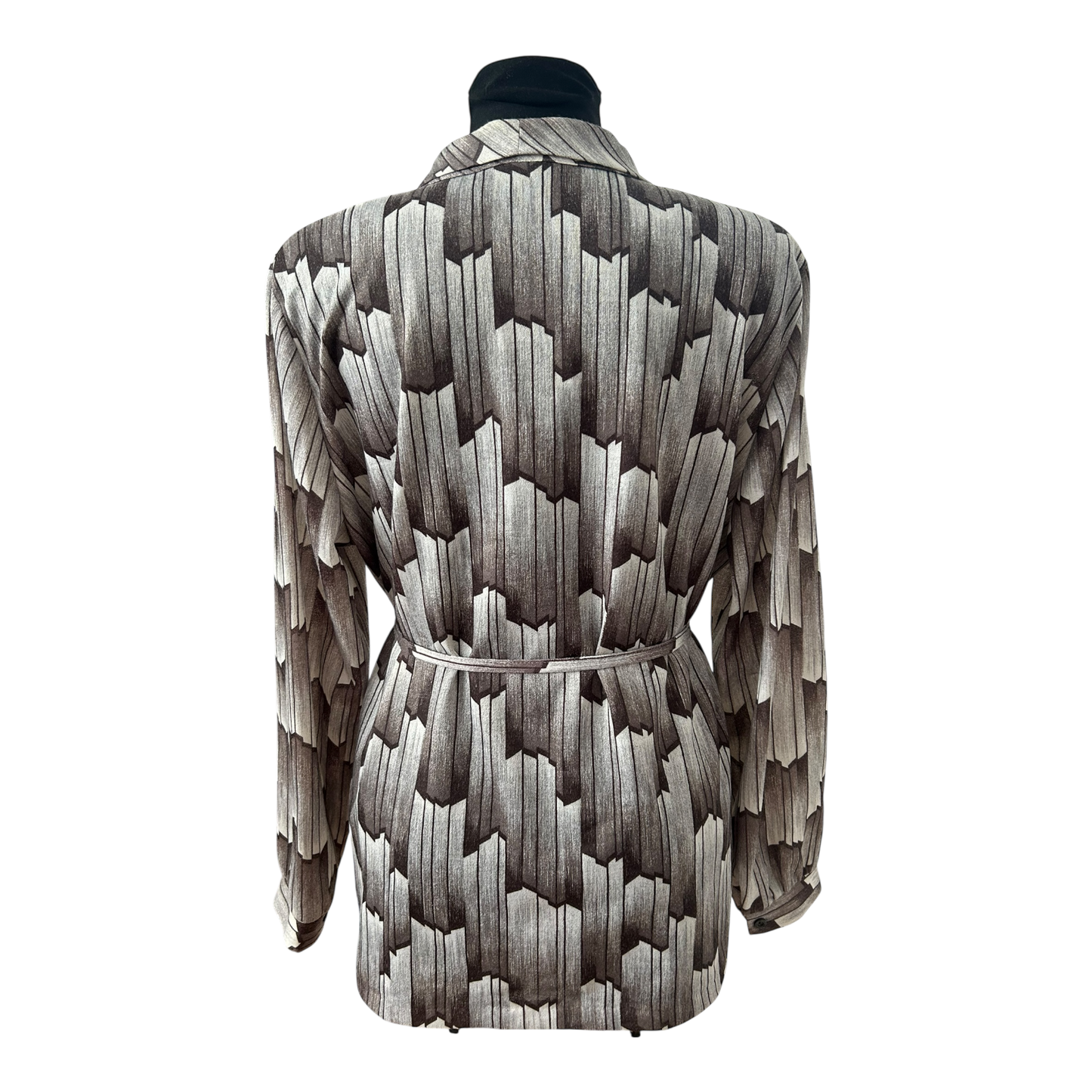 Vintage Bluse XL Braun Creme Muster Schalkragen Bindegürtel Elegant