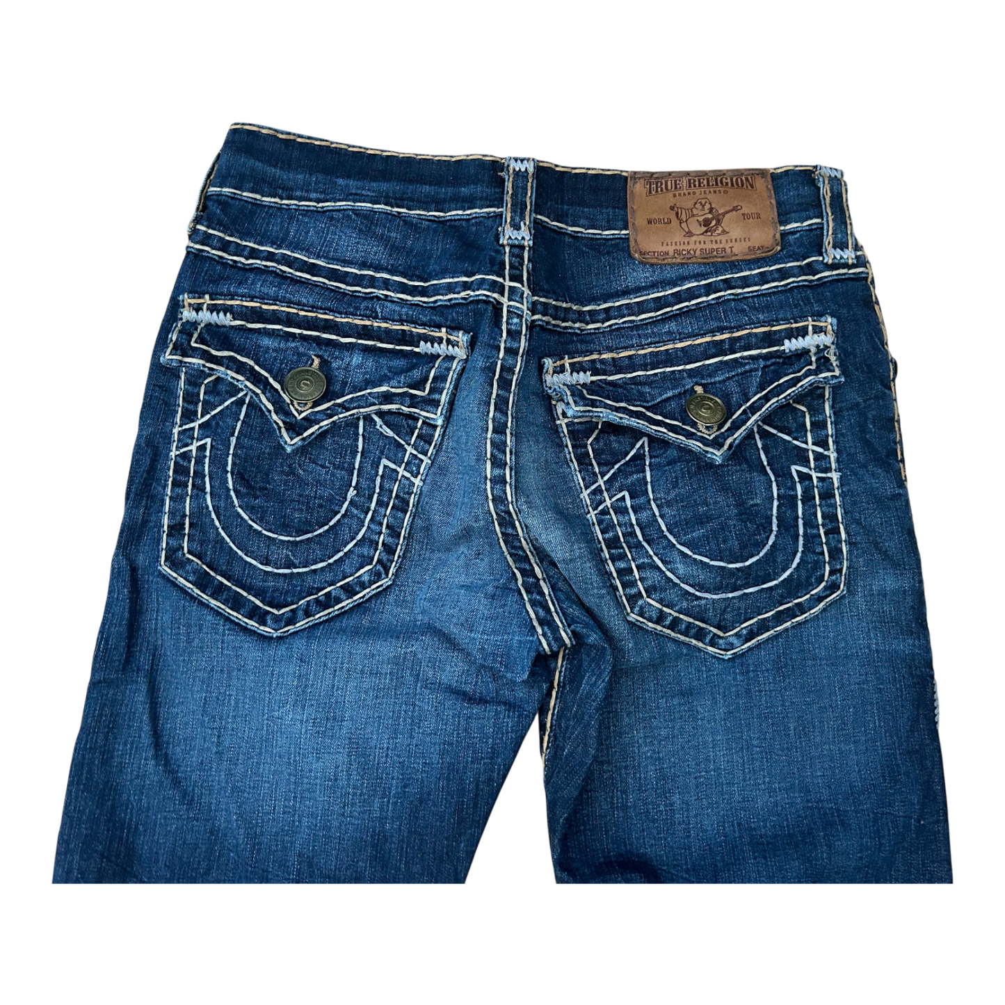 True Religion Jeans Herren Gr 32 Blau Bootcut Denim Stretch Baumwolle Kontrastnaht