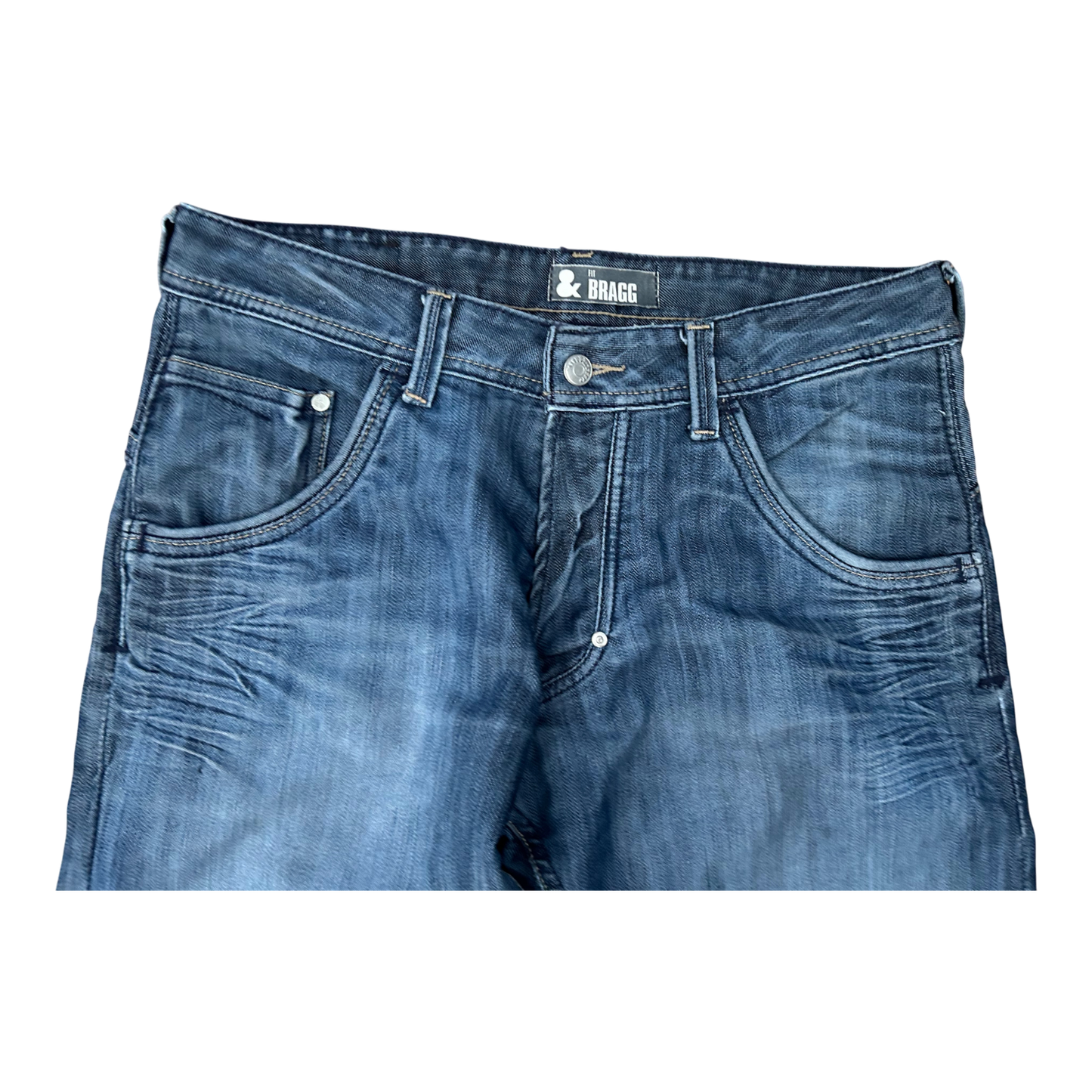 H&M Fit and Bragg Jeans Herren Gr 33 34 Blau Denim Knopfleiste Used Look