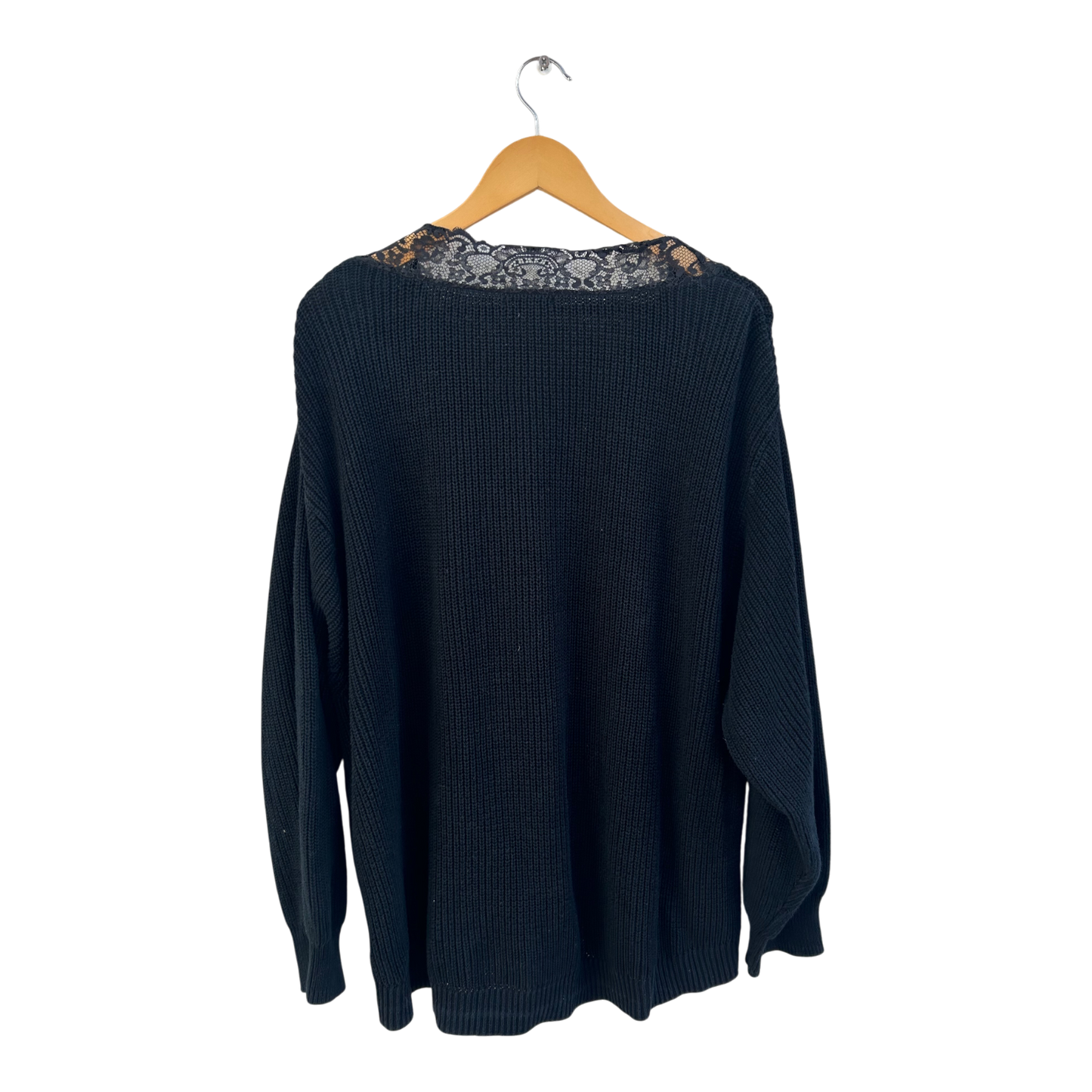 H&M Pullover Damen Gr L Schwarz Baumwollmix Strick Spitze Oversize Elegant