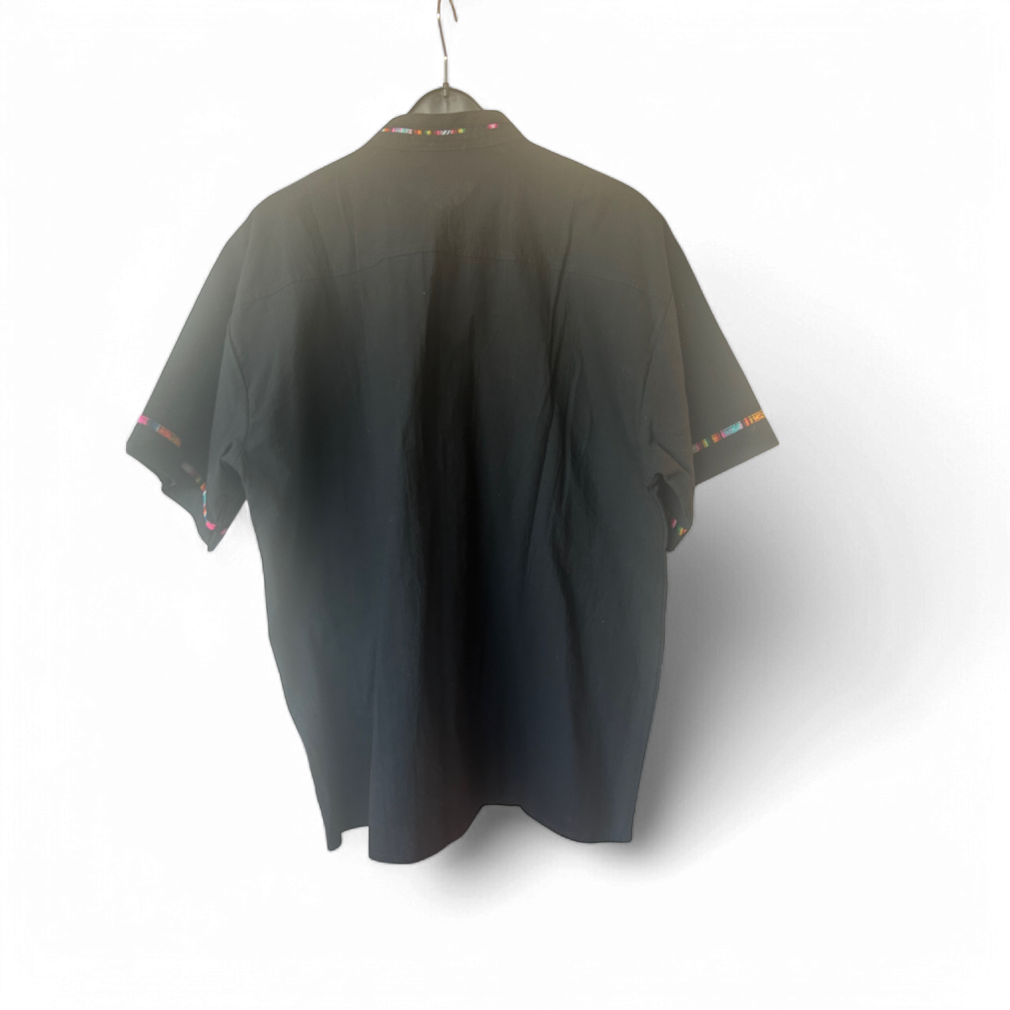 Herrenhemd Schwarz Gr XL Stickerei Leinenmix Boho Ethno Festival Sommer Stil