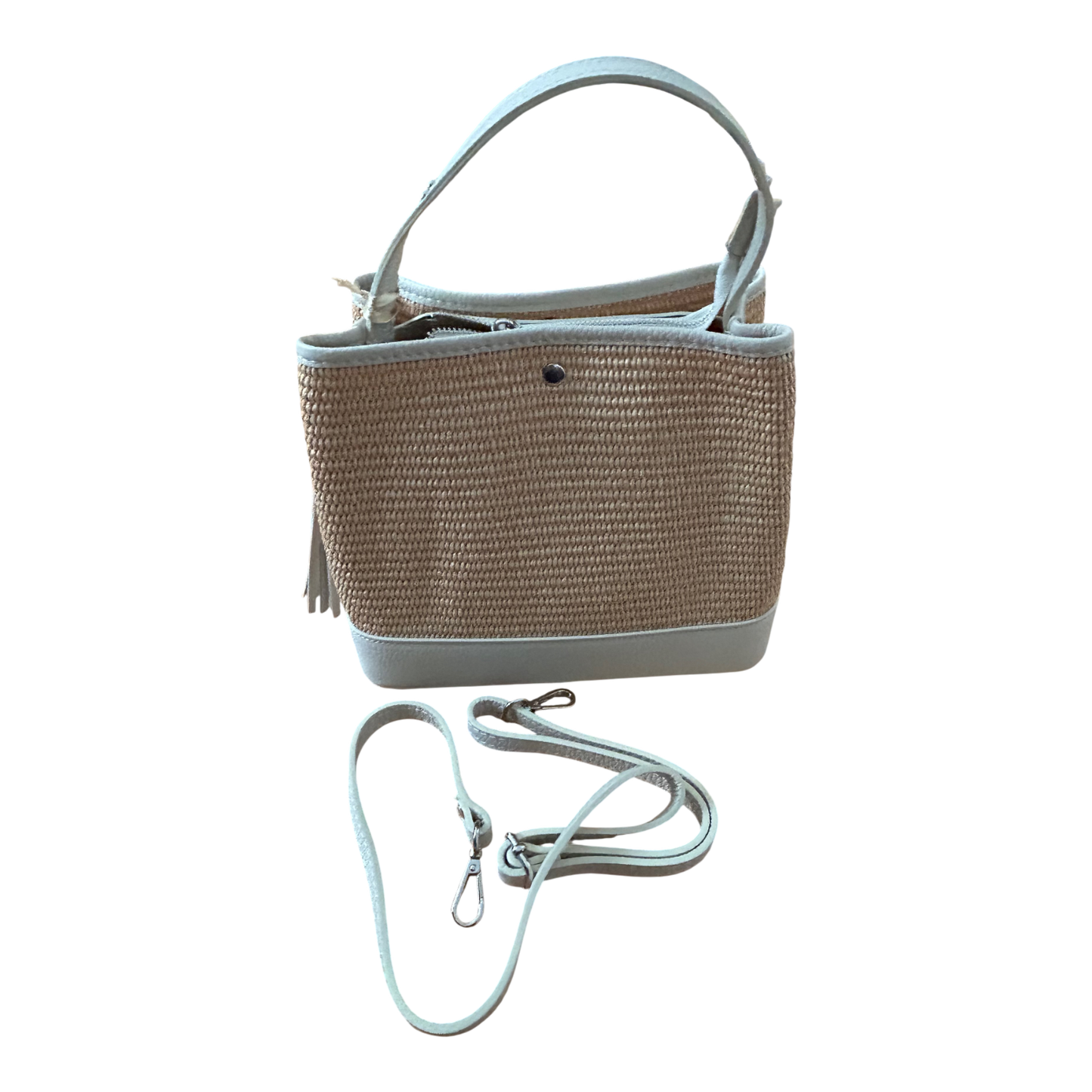 Bucket Bag Beige Echtleder Raffia Tasche Italien Sommer Handtasche Elegant Neu