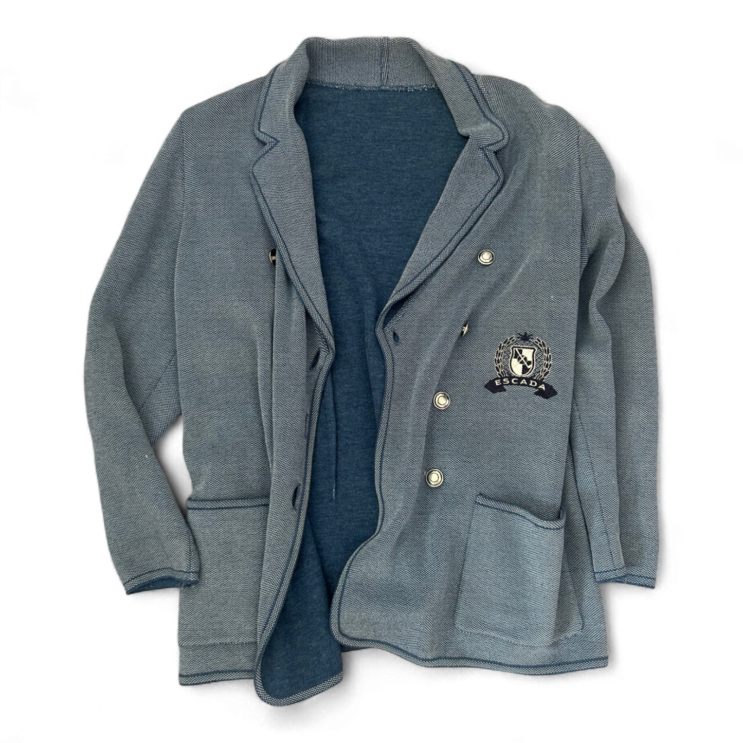 Escada Strickblazer Damen 40 Blau 70 % Schurwolle Wappen Knöpfe Elegant