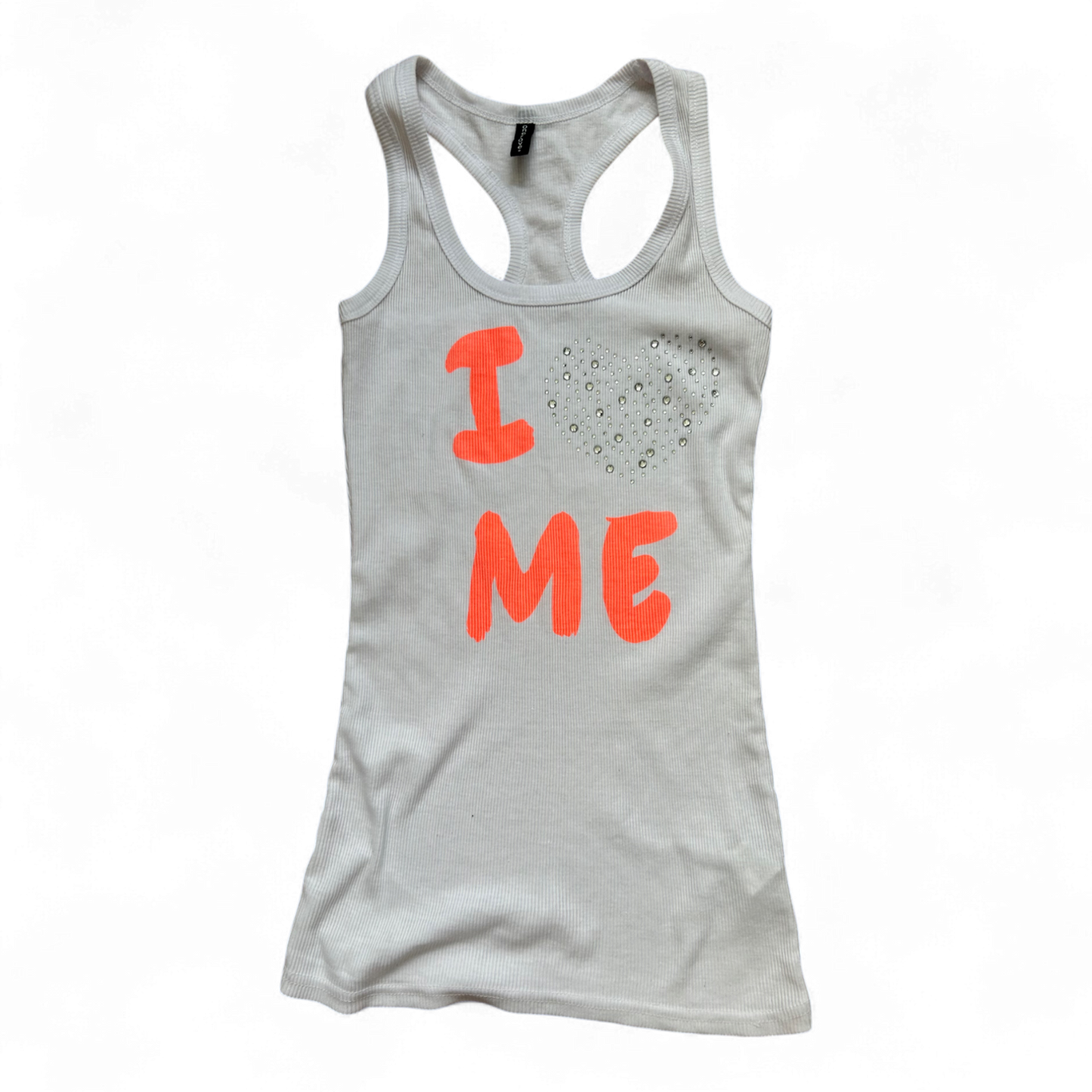 One Love Damen Tanktop S Weiß Baumwolle Print Strass Racerback Sommer