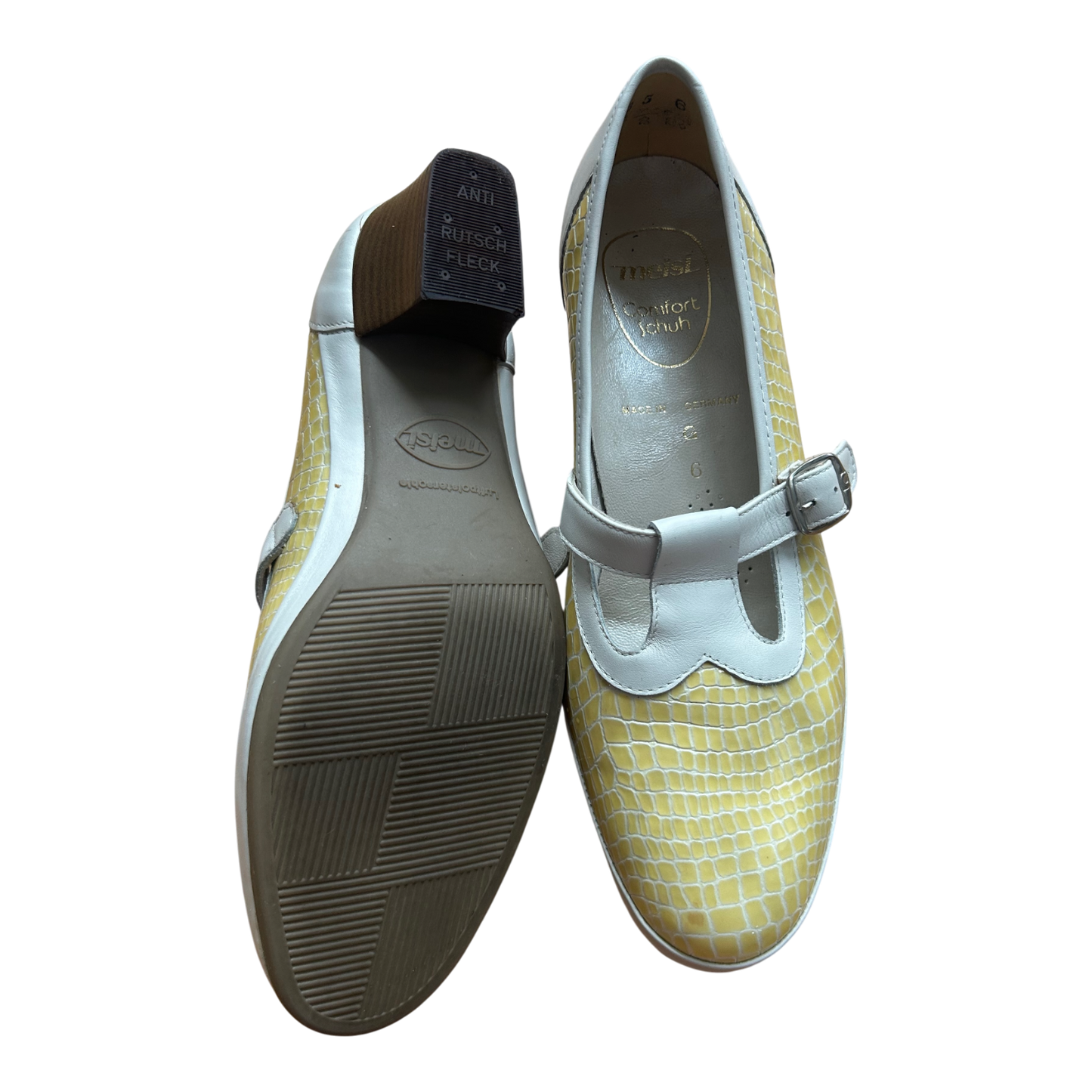 Meisl Comfort Halbschuhe Damen Leder Vintage Made in Germany Gr 38 Gelb Weiß