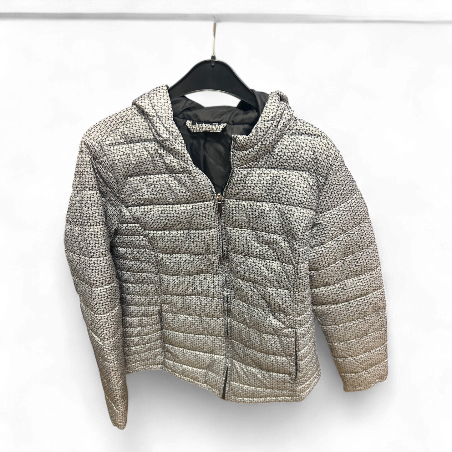 Janina Damenjacke Gr 36 Grau Muster Kapuze Steppjacke Gefüttert 62 cm