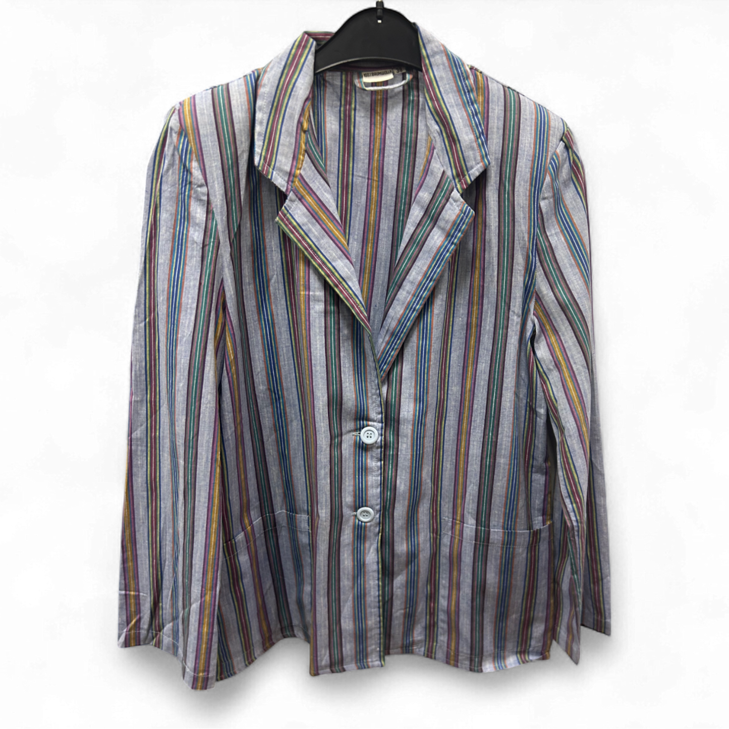 Vintage Blazer Damen Gr 38 40 42 Baumwolle Gestreift Bunt Sommerjacke Schulterpolster