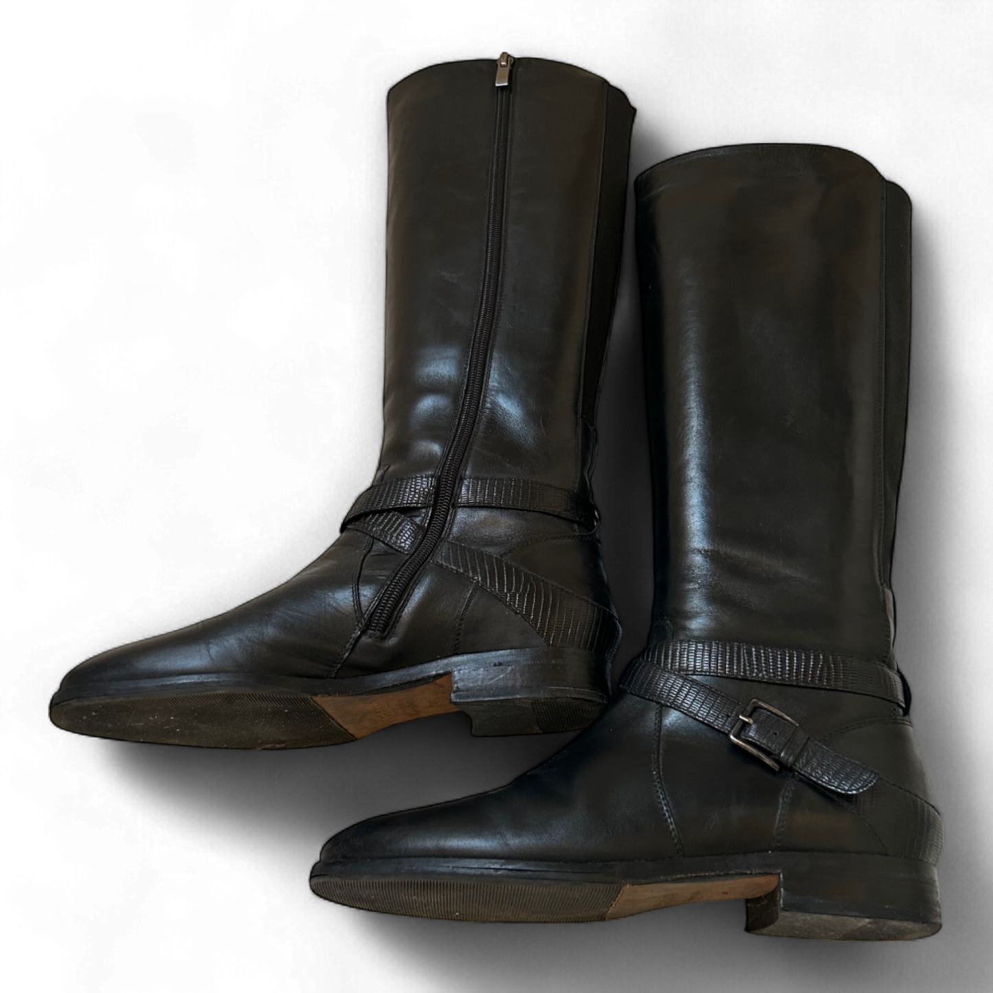 Tizian Lederstiefel Schwarz Gr 40 Reitstil Echtleder Schnalle Reißverschluss Top