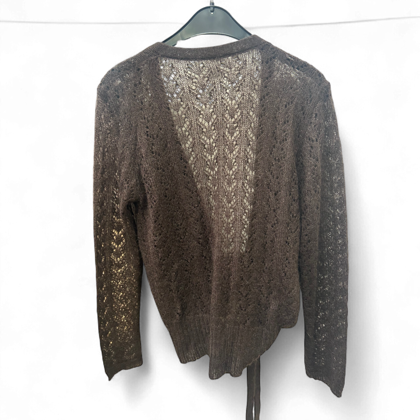 Strickjacke Braun Gr M Häkeloptik Bindegürtel Offen Weich Longsleeve Elegant