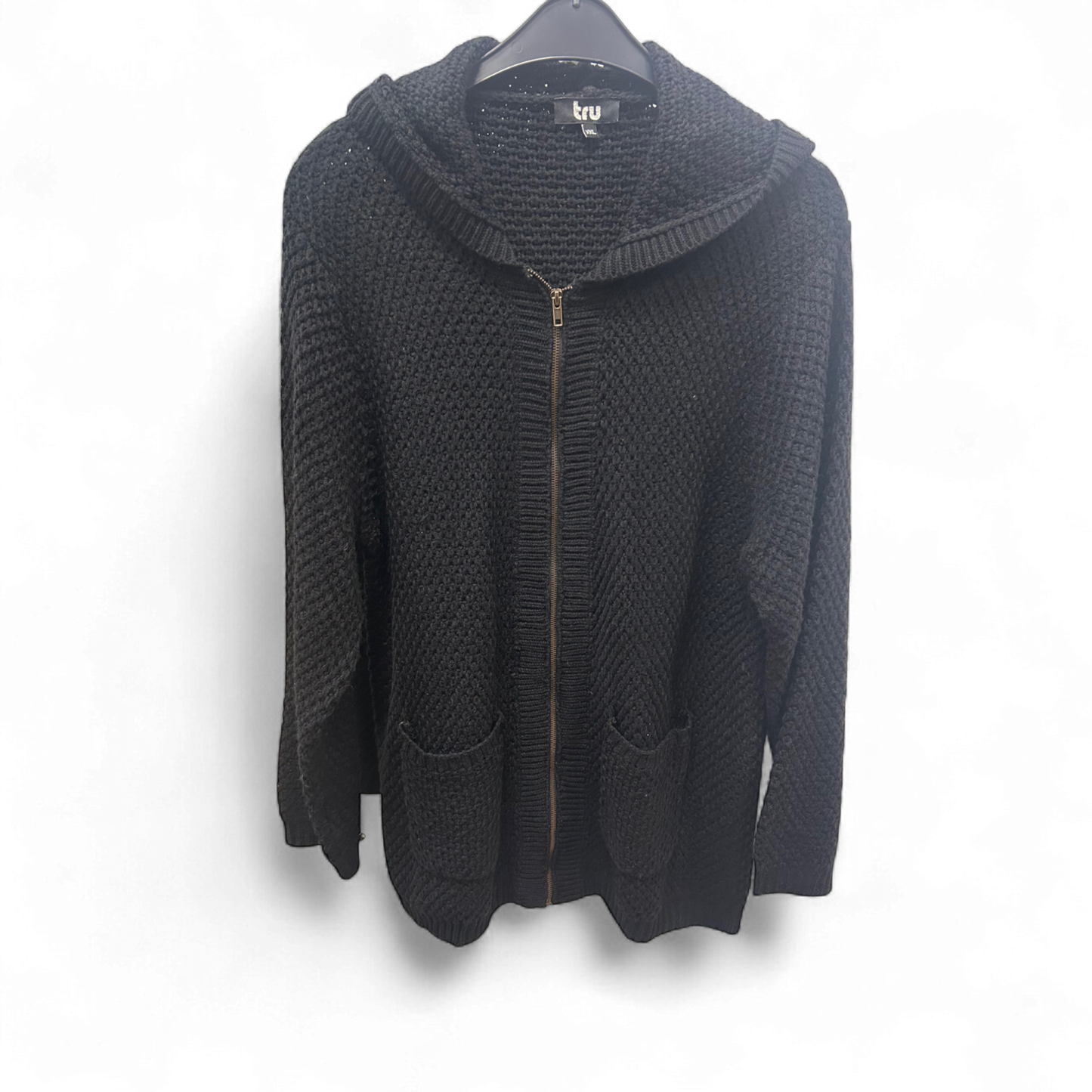 TRU Strickjacke Schwarz Gr XXL Kapuze Reißverschluss Taschen Dick Polyacryl