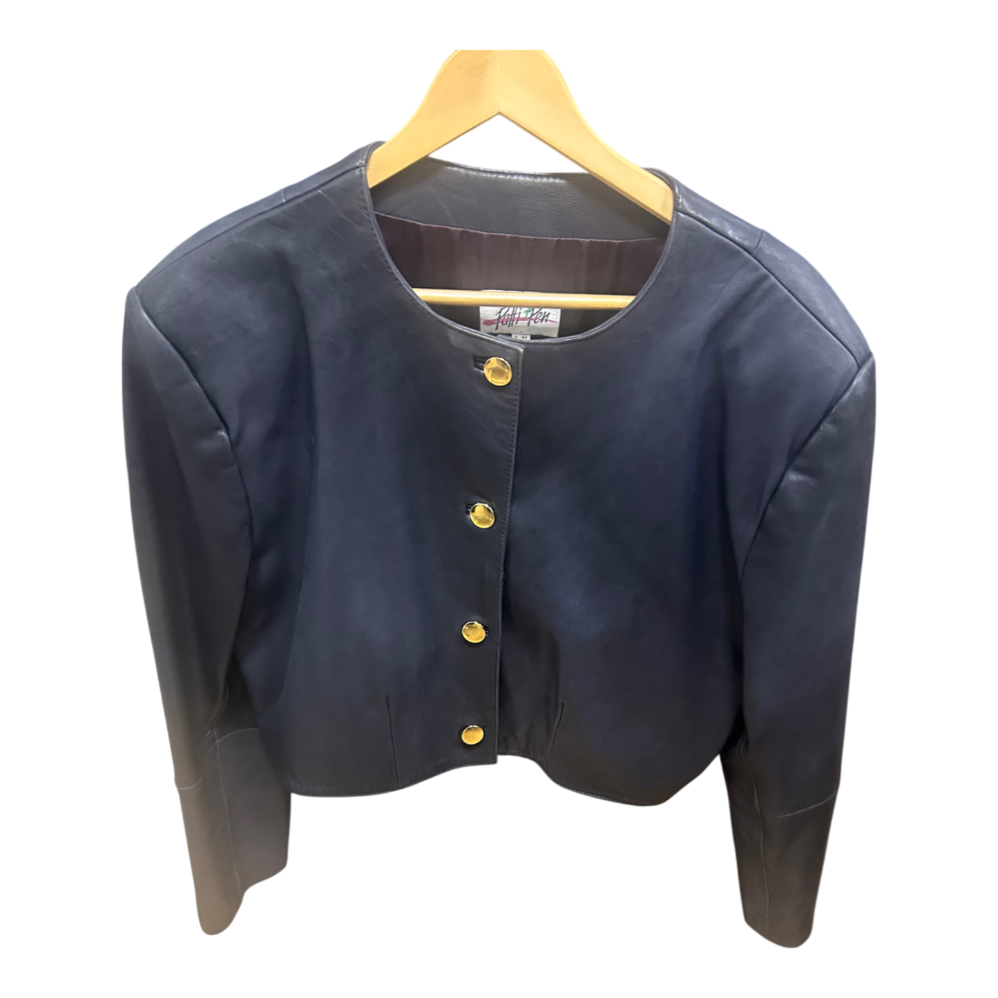 Patti Pen Lederjacke Blau Gr 40 Vintage Goldknöpfe Schulterpolster Kurzjacke Futter