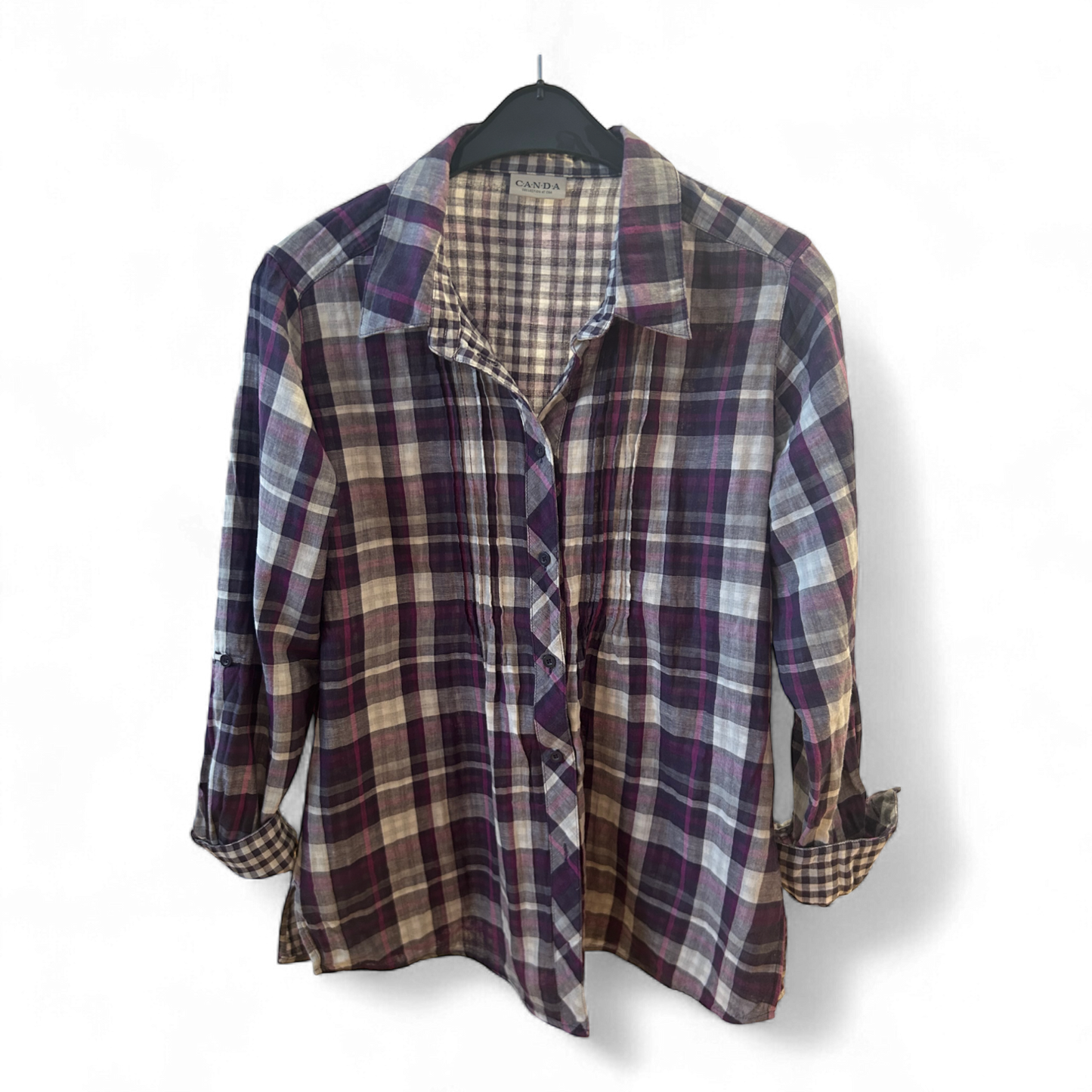Canda Damen Bluse Kariert Violett Gr 48 Baumwolle Langarm Freizeit Casual
