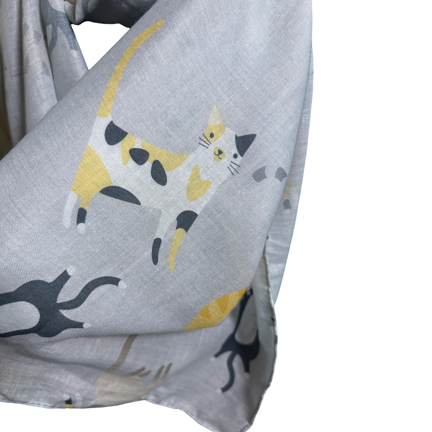 Katzen Schal Damen Tuch 180x70 Grau Gelb Baumwollmix Leicht Sommer Modern Chic