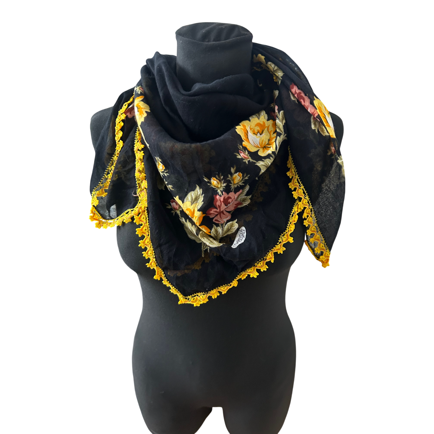GökkuSagi Dreieckstuch Schal Damen Blumen Schwarz Gelbe Spitze Baumwollmix