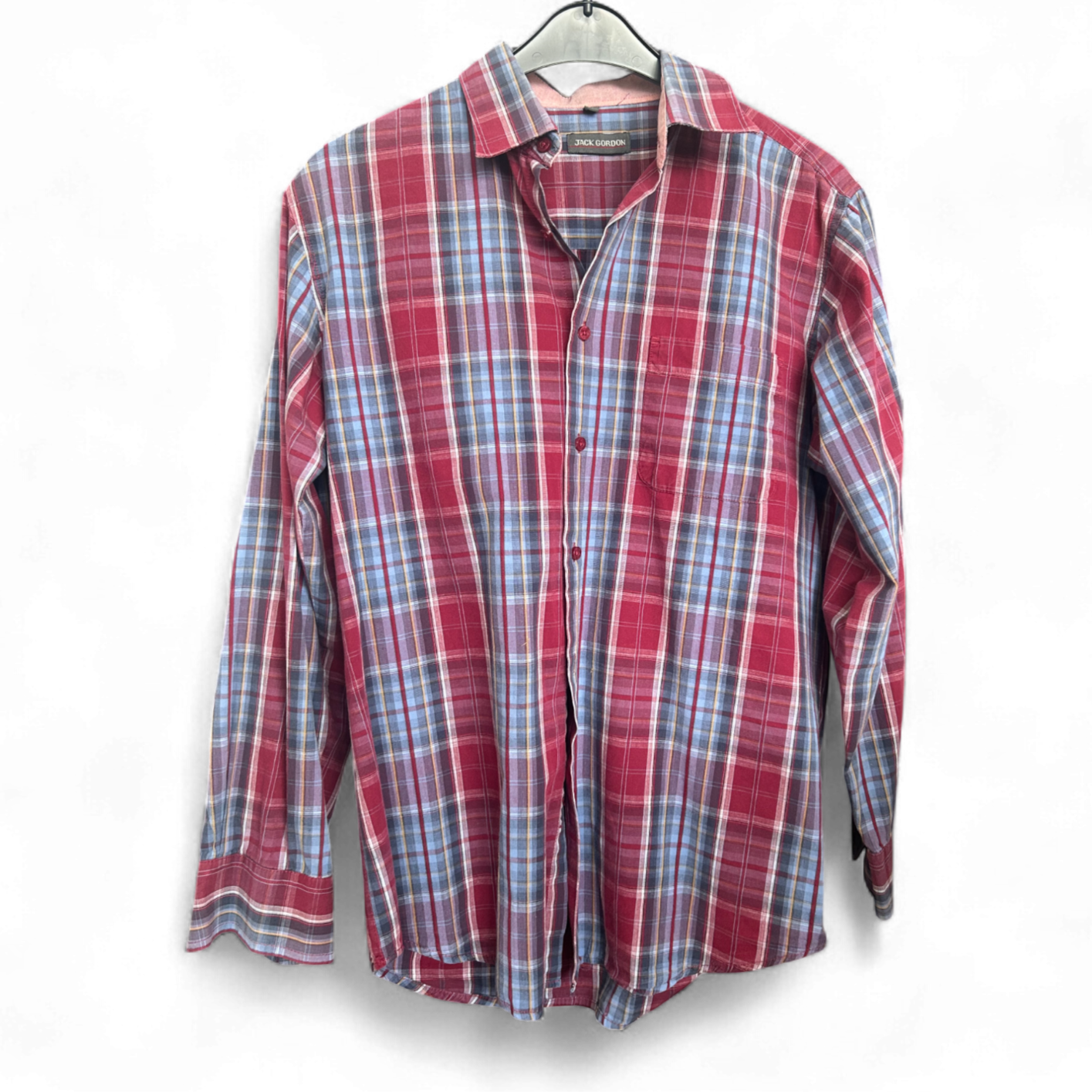 Jack Gordon Hemd M Baumwolle Langarm Kariert Blau Rot 100 % Cotton Vintage Look