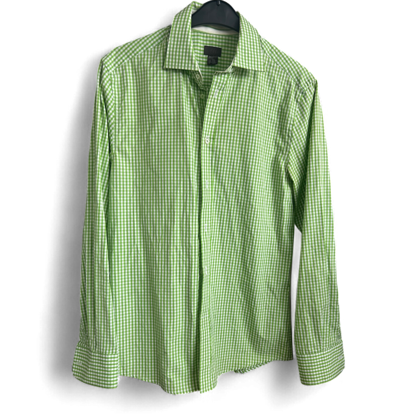 H&M Hemd M Grün Kariert Baumwolle Langarm 100 % Cotton Herrenhemd Freizeit