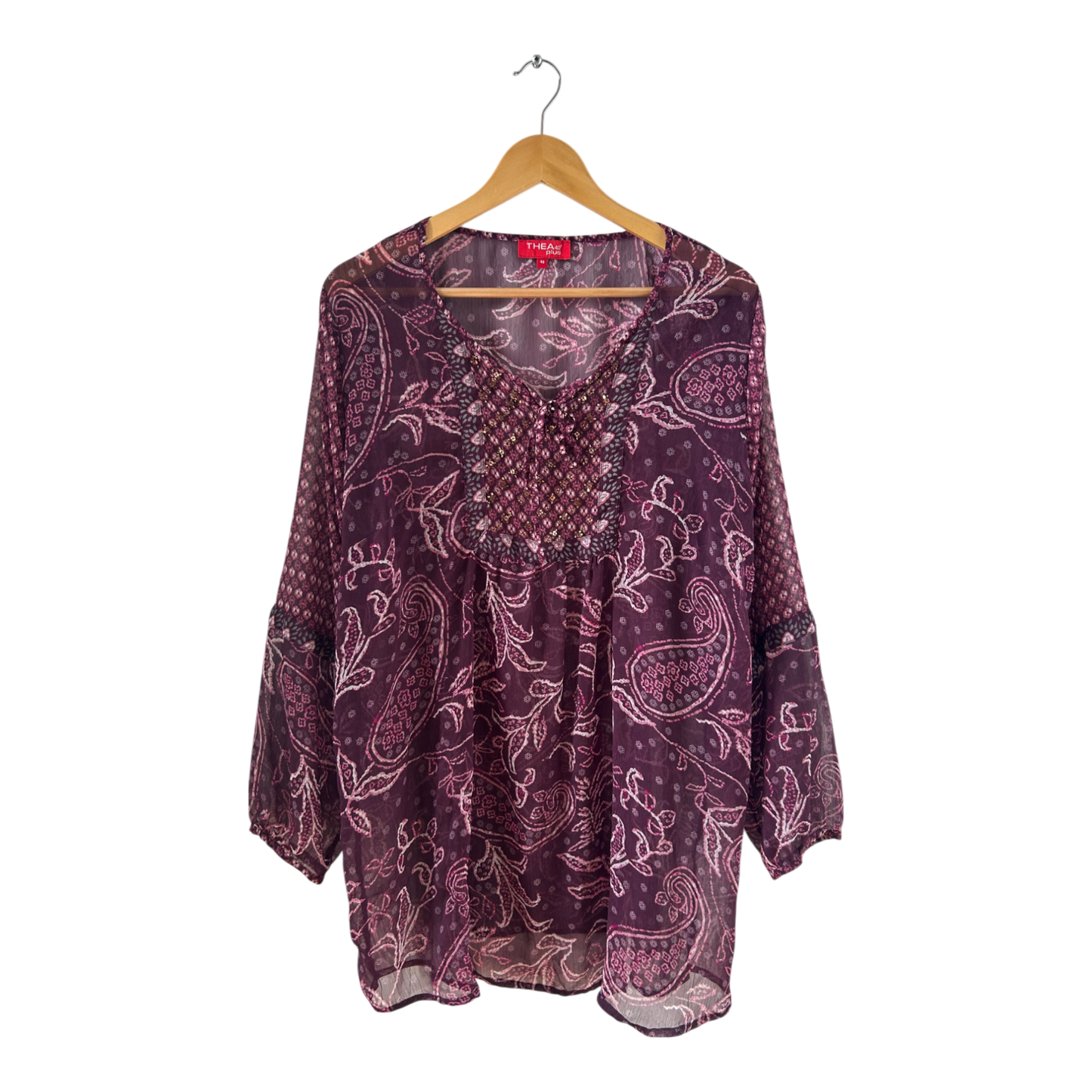 THEA Tunika Gr 48 lila paisley Stickerei lang transparent weiter Schnitt elegant