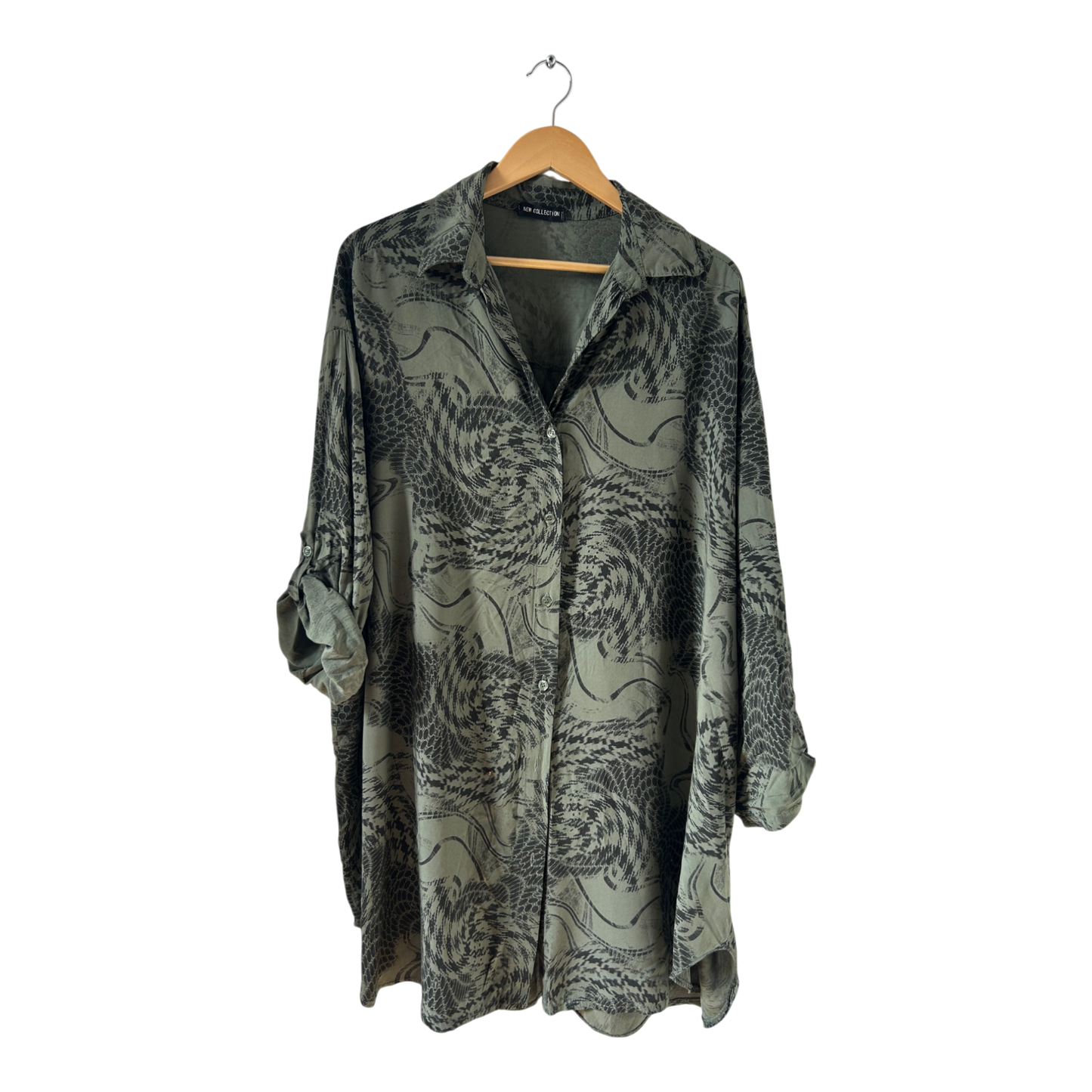 New Collection Blusenkleid XL Khaki Schwarz Muster Viskose Krempelarm Oversize Italy