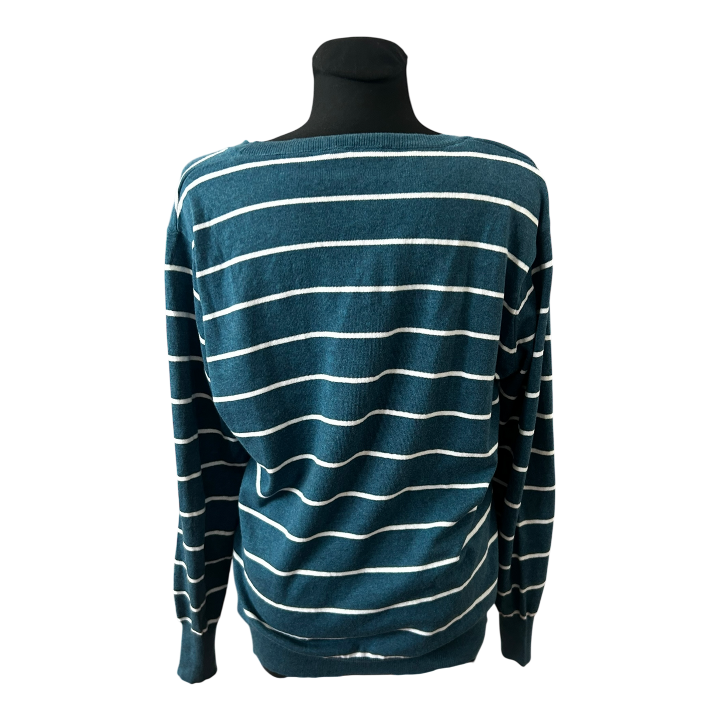 Yessica Damen Pullover XL Petrol Weiss Gestreift V Ausschnitt Feinstrick