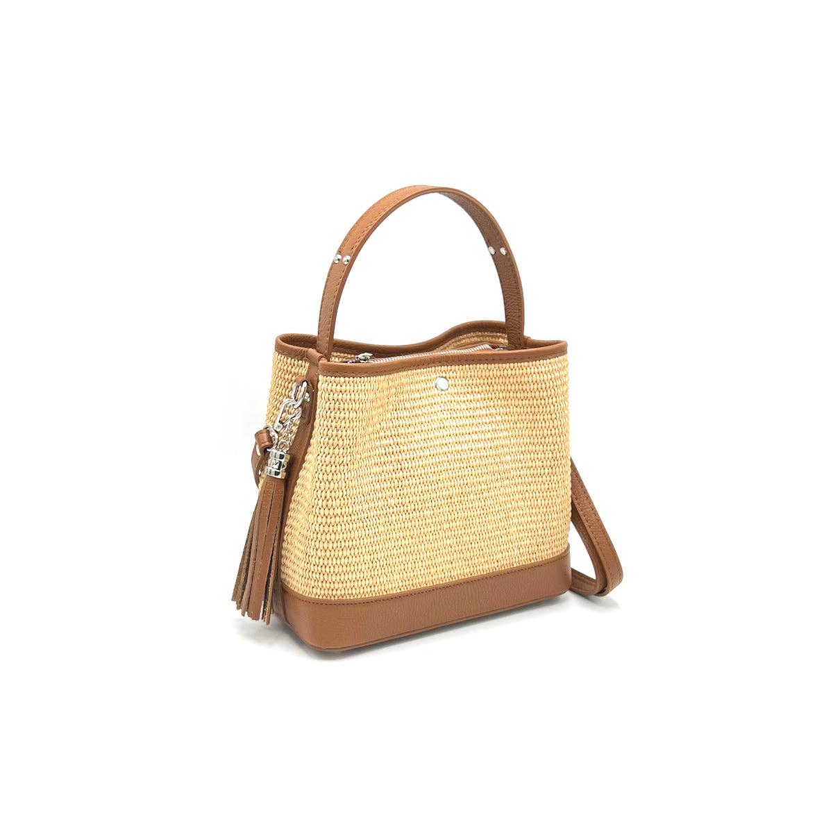 Bucket Bag Damen Tasche Raffia Leder Sommer Italien Vintage Look Natur Elegant