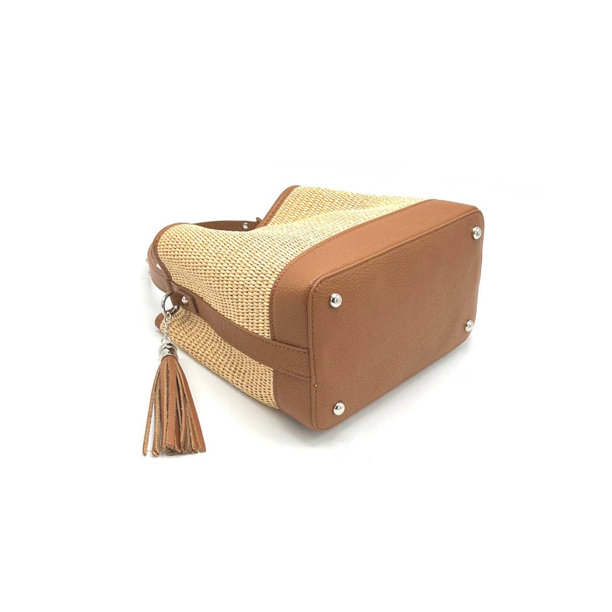 Bucket Bag Damen Tasche Raffia Leder Sommer Italien Vintage Look Natur Elegant