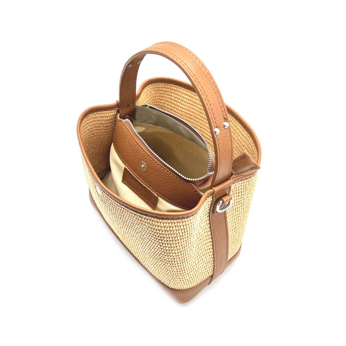 Bucket Bag Damen Tasche Raffia Leder Sommer Italien Vintage Look Natur Elegant