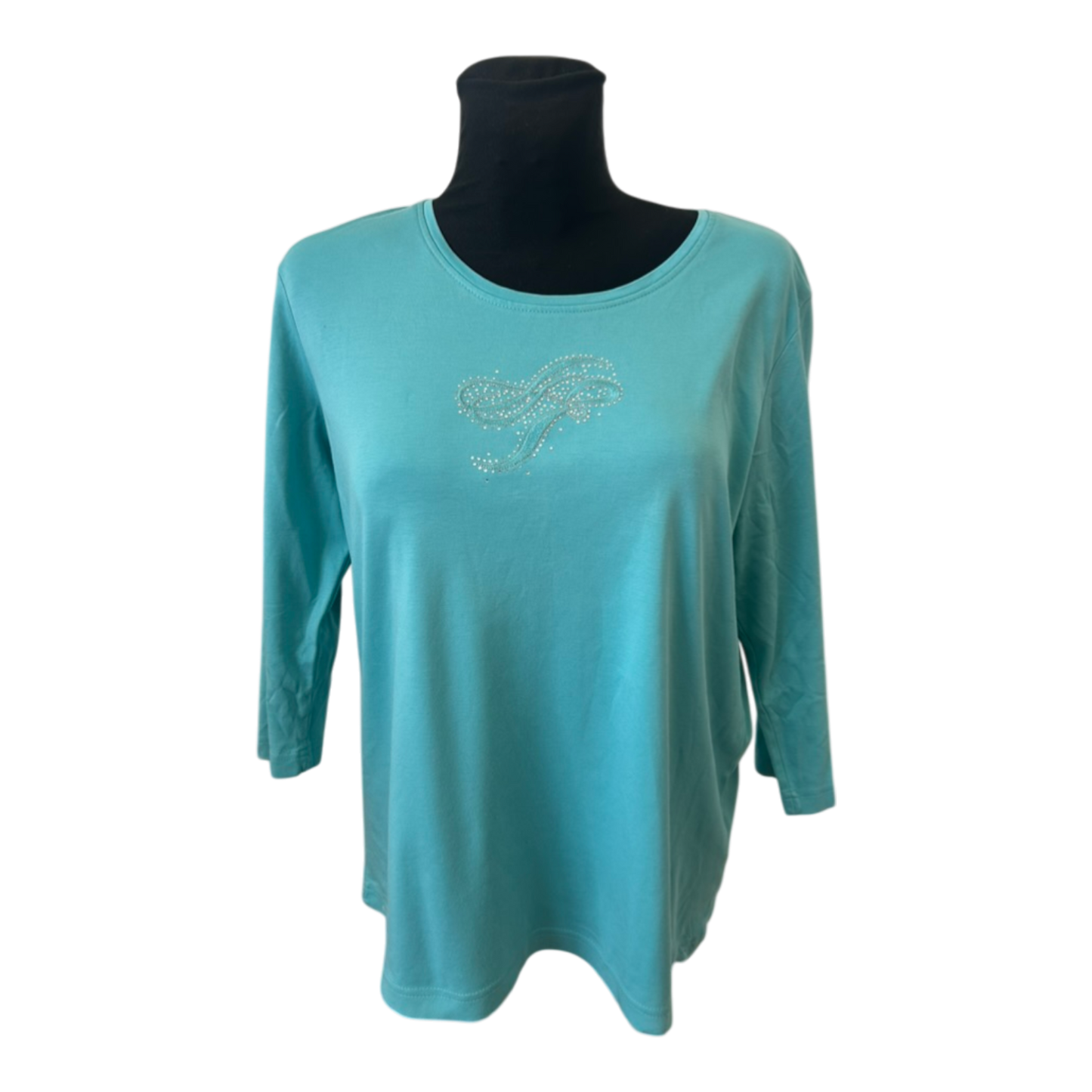 Adagio Shirt Damen Gr 46 Türkis 3/4 Arm Strass Baumwolle Elegant Sommer