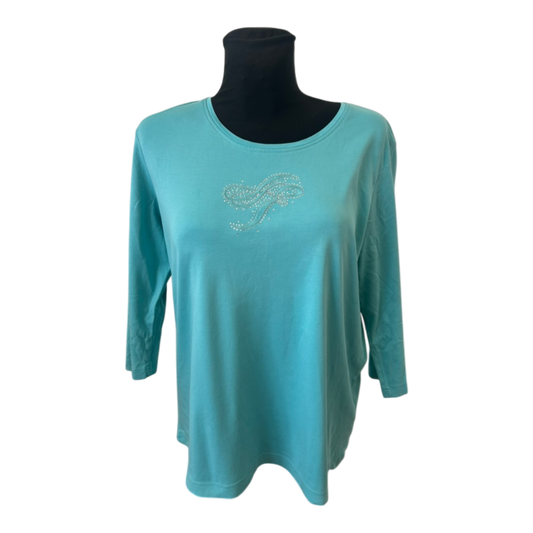 Adagio Shirt Damen Gr 46 Türkis 3/4 Arm Strass Baumwolle Elegant Sommer