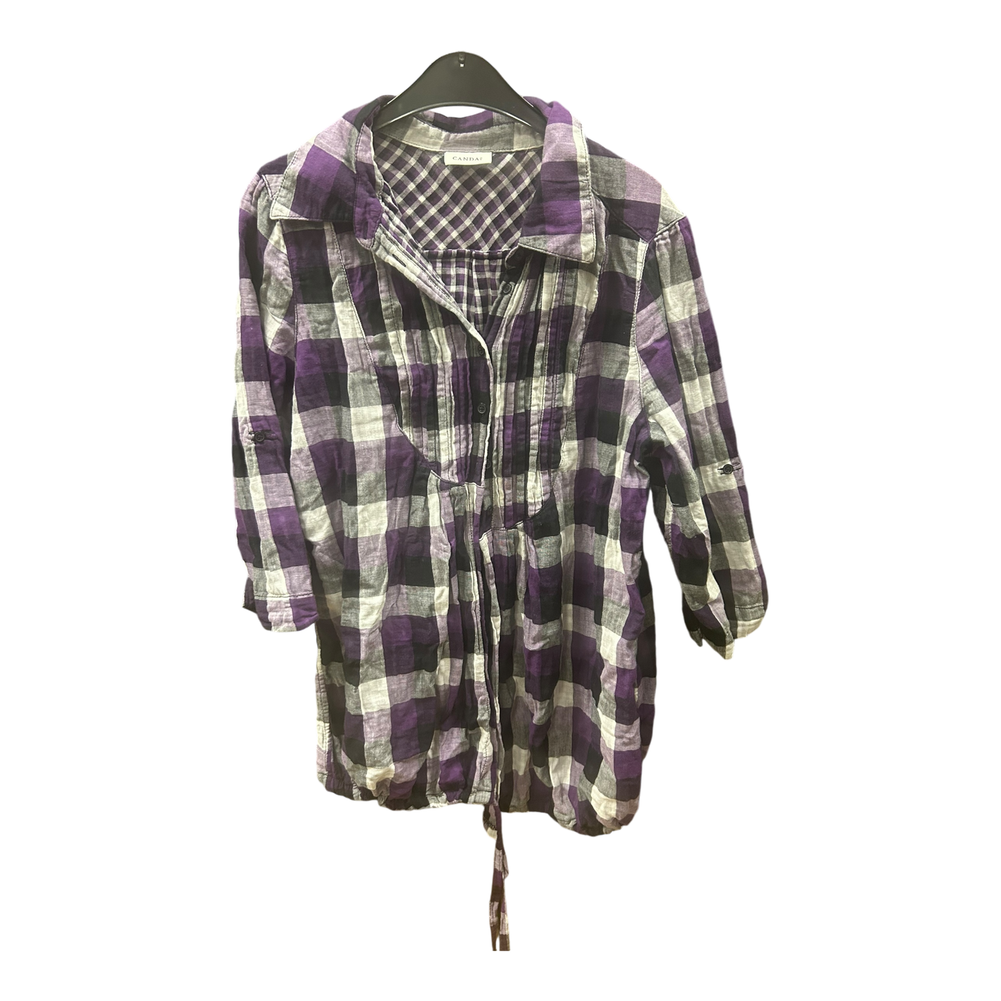 C&A Bluse Damen Gr 44 Karo Violett Schwarz Langarm Klassisch Baumwolle Flanell