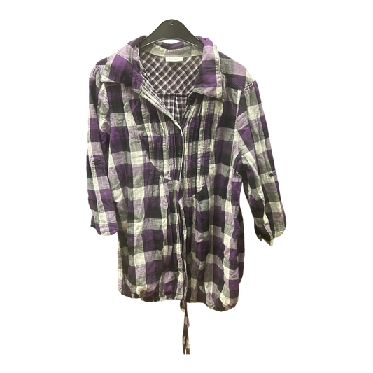 C&A Bluse Damen Gr 44 Karo Violett Schwarz Langarm Klassisch Baumwolle Flanell