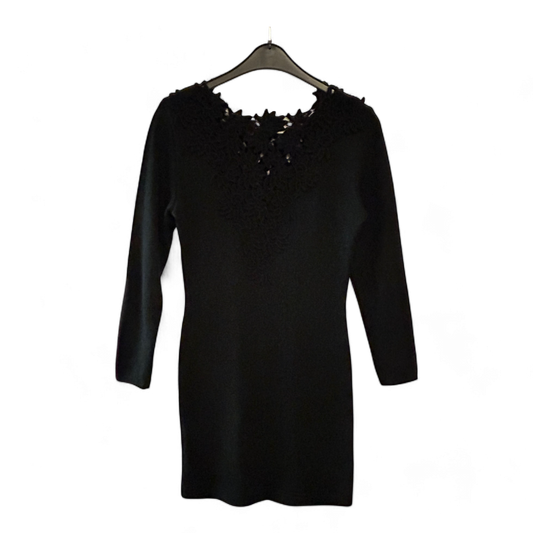 Wollkleid Damen Dress Damenkleid Gr. 44 Schwarz Spitzeneinsatz Elegant Winter