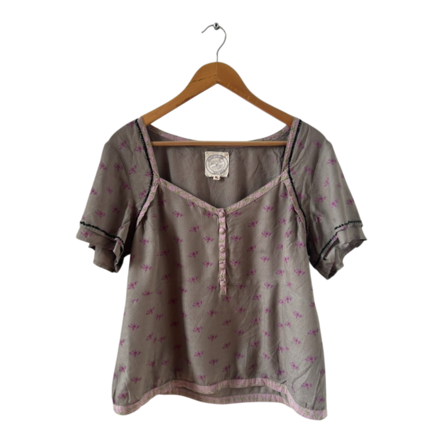 Noa Noa Bluse Damen Gr XL Viskose Taupe Rosa Blumen Kurzarm Boho Vintage Romantik