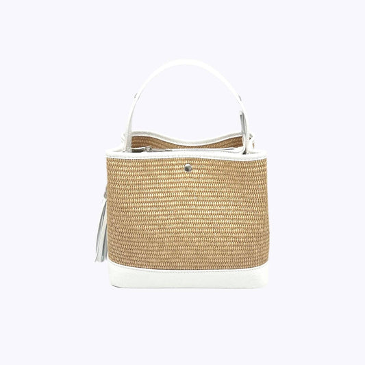 Bucket Bag Damen Tasche Raffia Leder Sommer Italien Vintage Look Natur Elegant