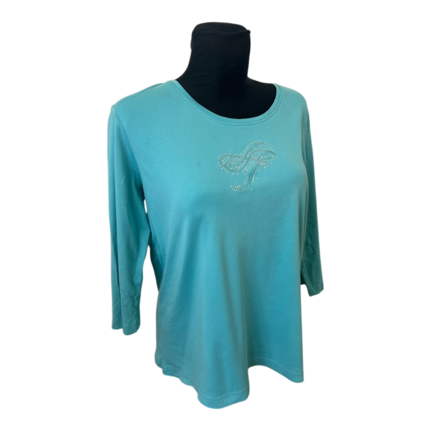 Adagio Shirt Damen Gr 46 Türkis 3/4 Arm Strass Baumwolle Elegant Sommer