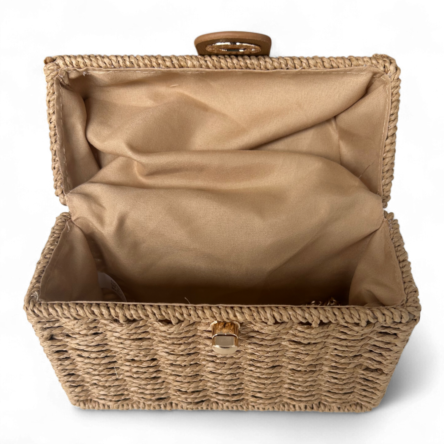 Strohtasche Beige Rechteckig Damen Tasche Drehverschluss Sommer Korbtasche Neu