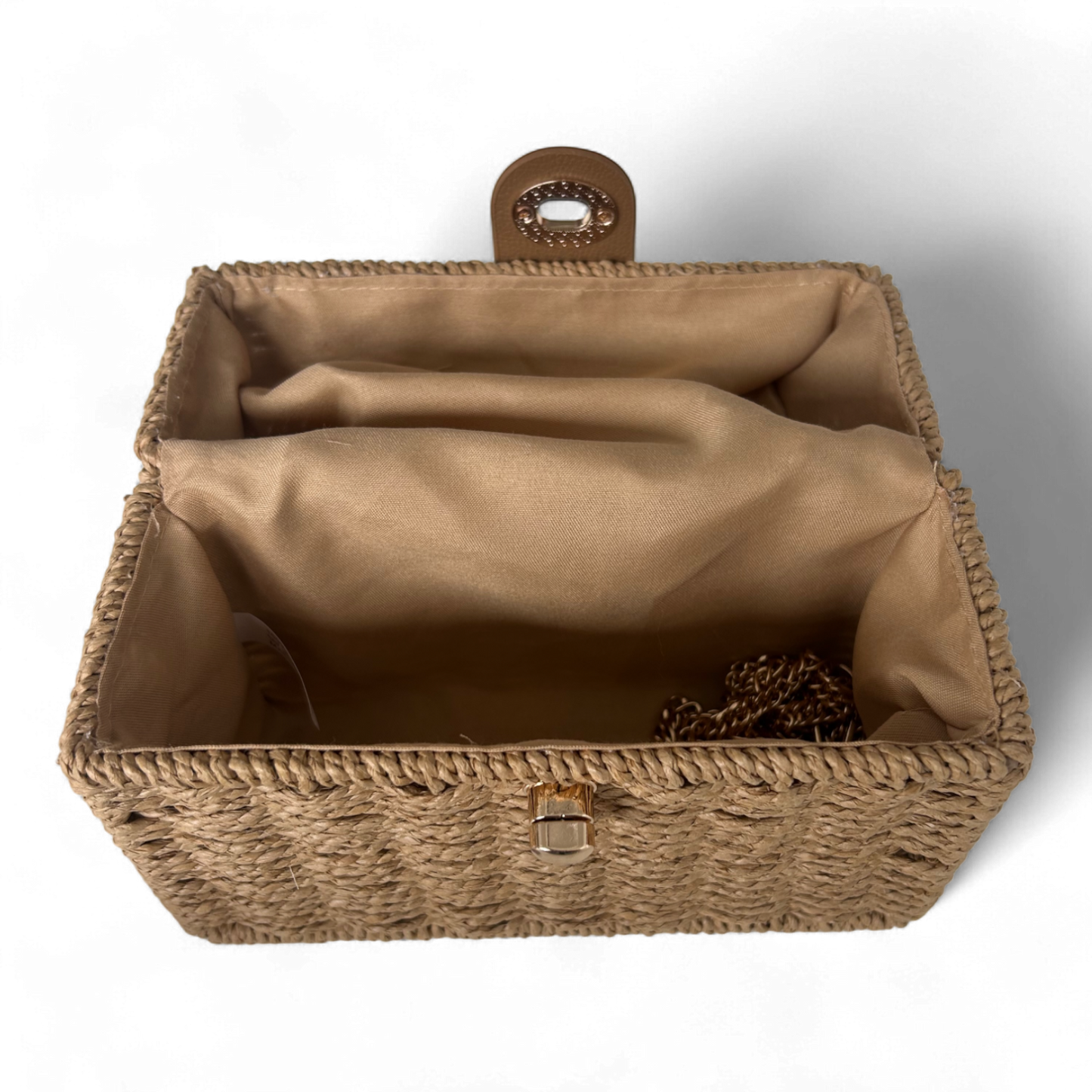 Strohtasche Beige Rechteckig Damen Tasche Drehverschluss Sommer Korbtasche Neu