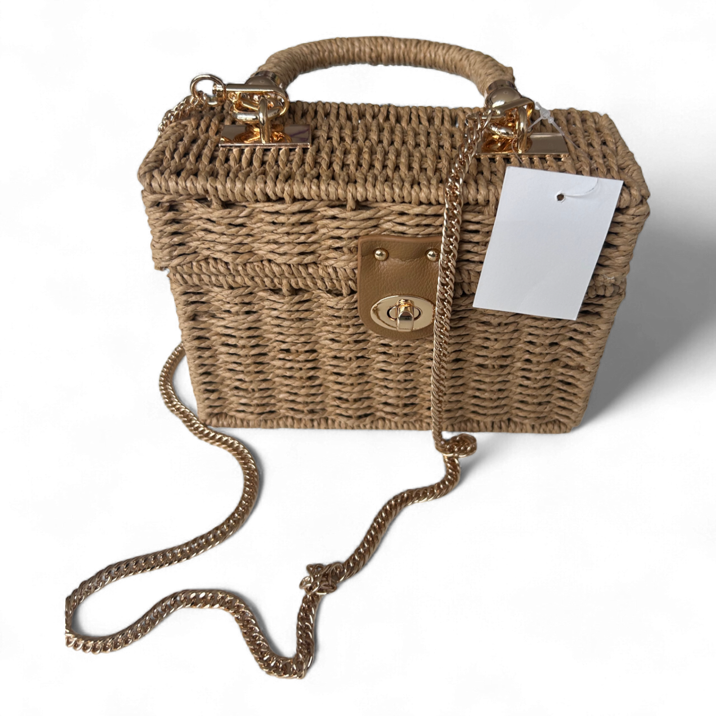Strohtasche Beige Rechteckig Damen Tasche Drehverschluss Sommer Korbtasche Neu